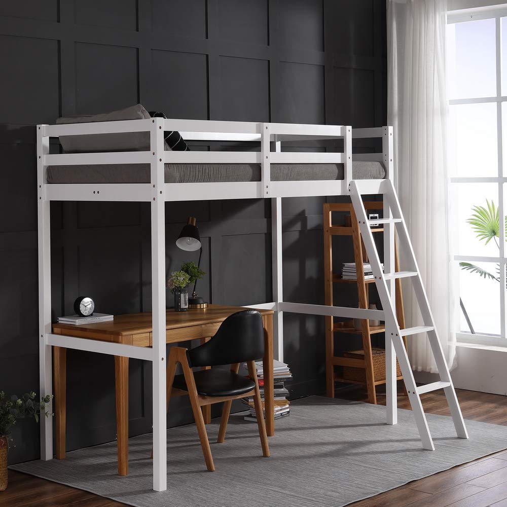 JOYMOR Twin Size High Loft Bed for Kids Junior Teens Adults No Box Spring Needed White