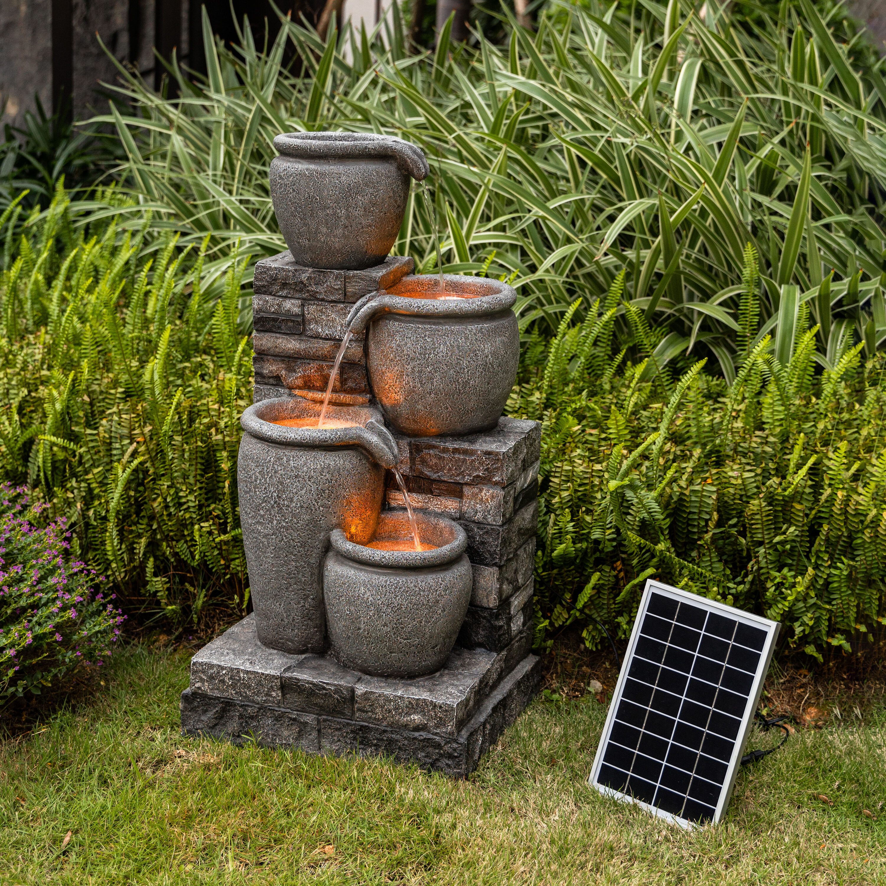 Gray Solar Powered 4-Tier Cascading Bowl Outdoor Water Fountain