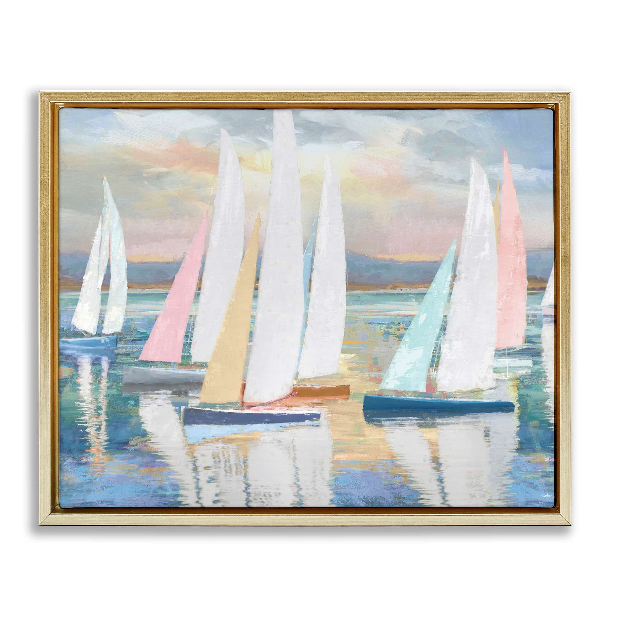 Stupell Industries BT-548-FFG-24X30 Abstract and Pastel Sailboat Fleet Gold Framed Floater Canvas Wall Art By Amber Sterling 31 x 25