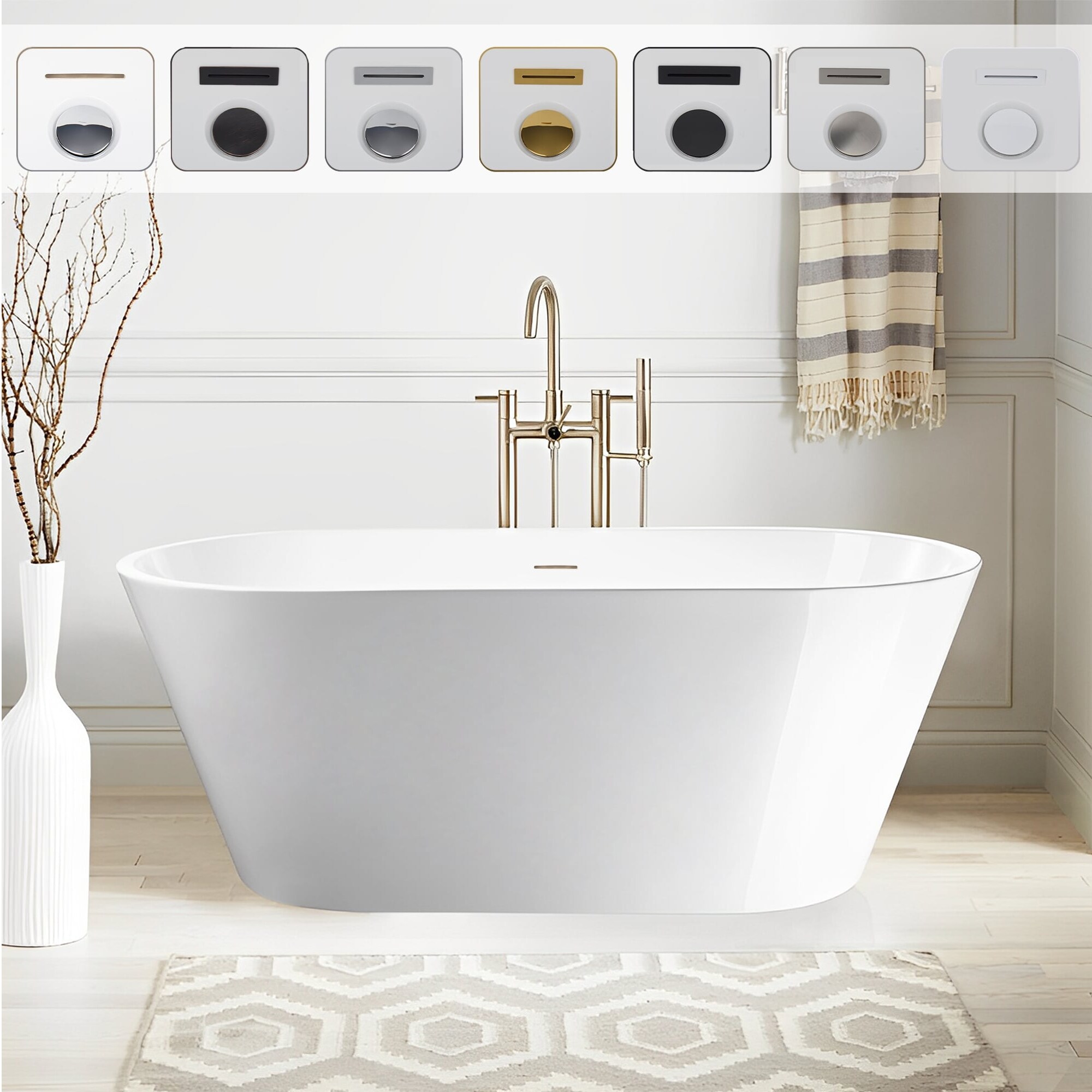 Vanity Art 59" White Acrylic Freestanding Bathtub with Center Drain