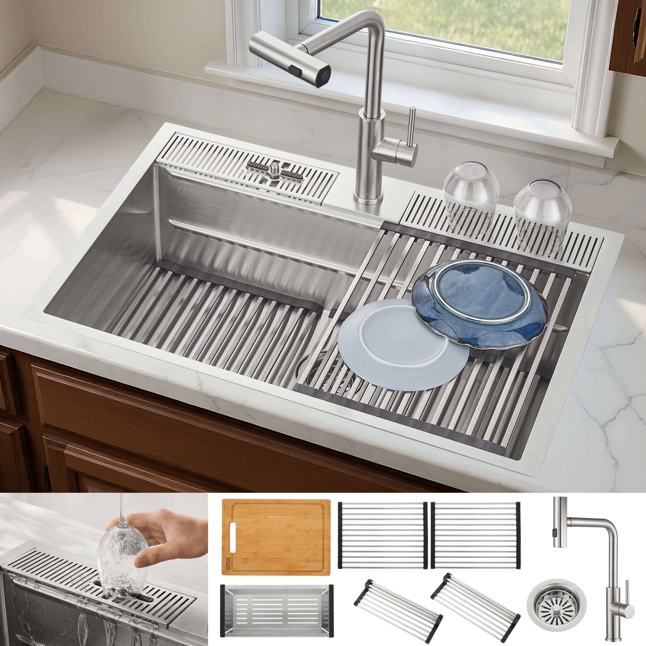 FORNO ACQUA MultiSINK (3 Function Waterfall Faucet) Drop-in or undermount 33-in x 22-in Stainless steel Single bowl 18 -Gauge Workstation Kitchen Sink All-in-One Kit with Drainboard