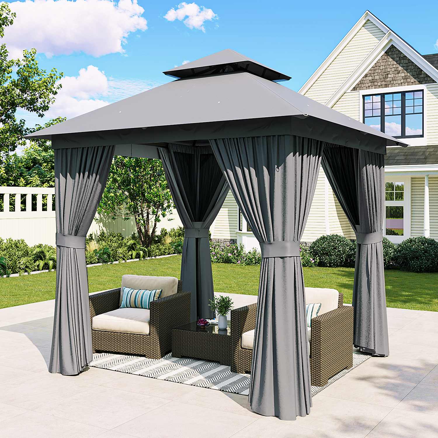 Sunmthink GBSM50G39 8x8FT Softtop Gazebo Metal Frame Double Roof Canopy Heavy Duty Party Tent and Shelter with Mosquito Netting and Privacy Curtains Designed for Backyard Lawn Garden Patio