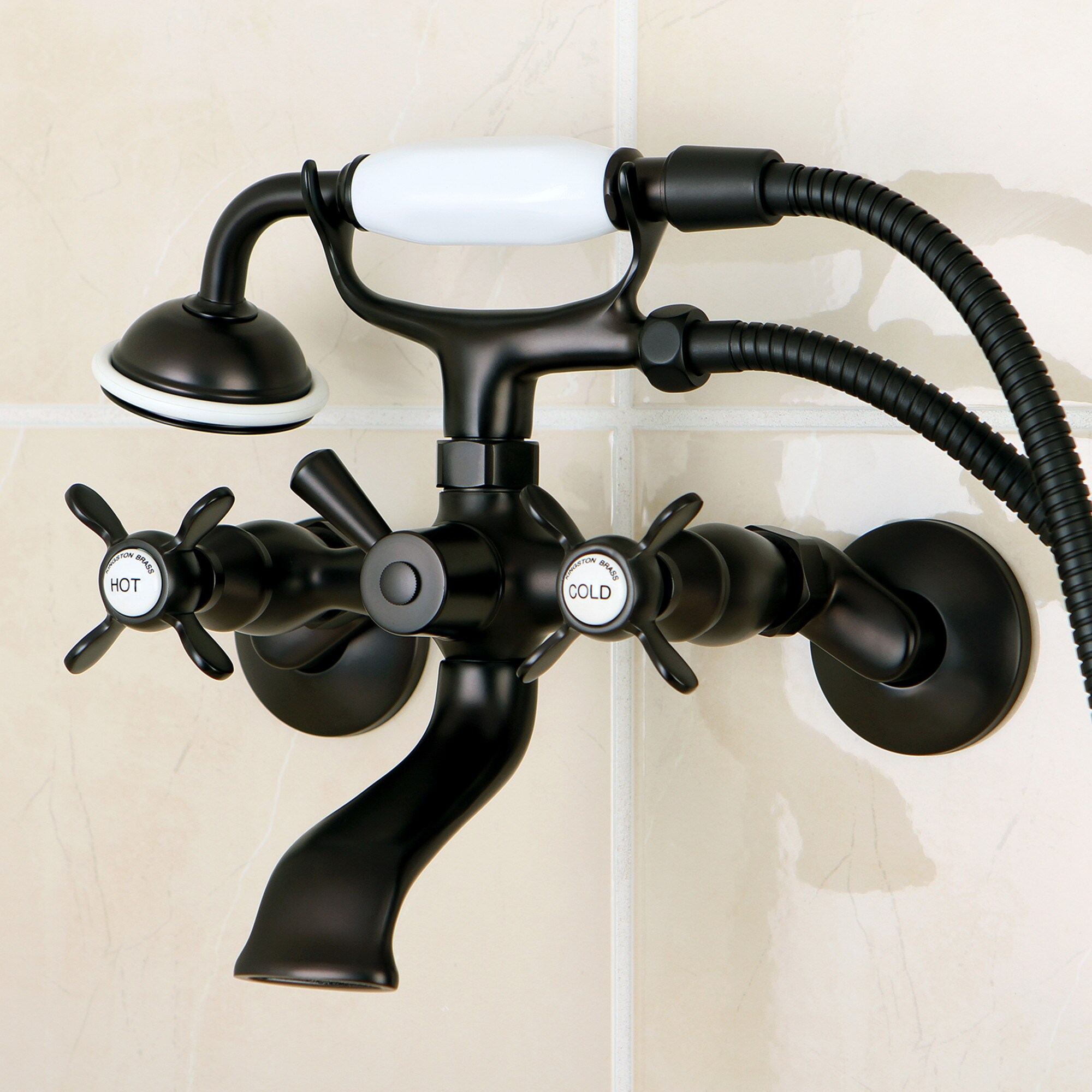 Kingston Brass WLKS285ORB Essex Oil-rubbed bronze 3-handle Wall-mount Low-arc Bathtub Faucet with Hand Shower ( Valve Included )