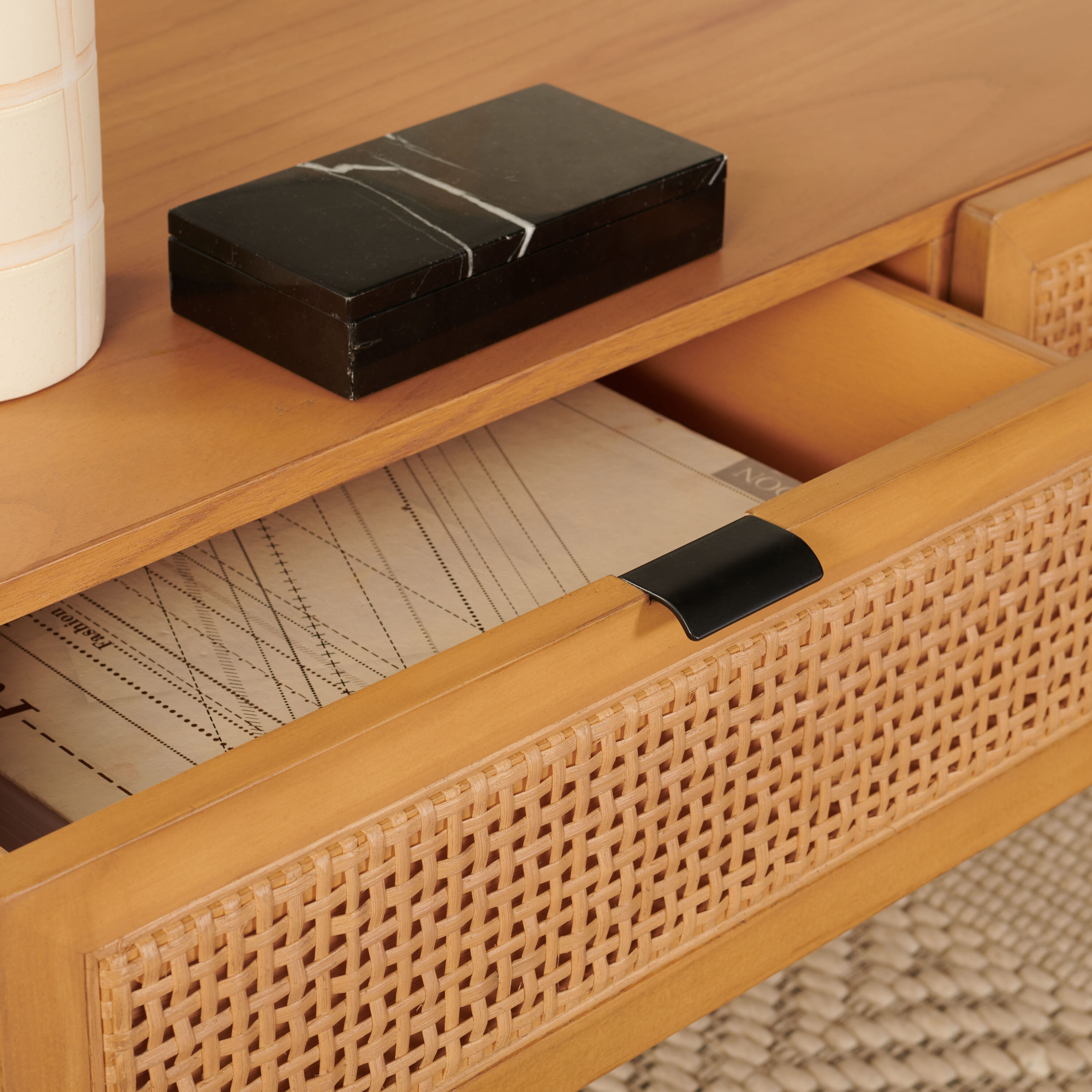 Natural Wood Rectangular Coffee Table with Woven Storage Drawers