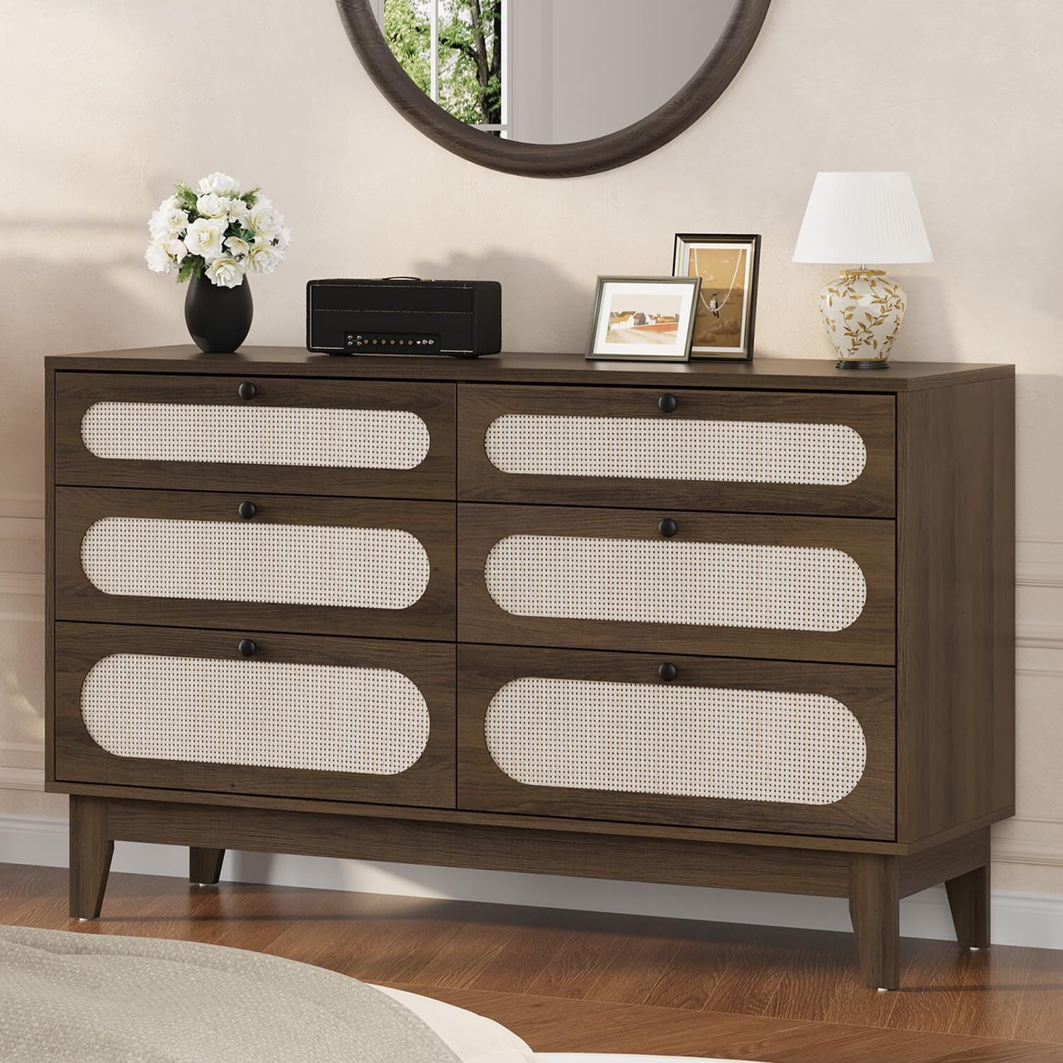 Qeetex NB-PHO34WKXGE3 Dresser with Charging Station 6 Drawer Rattan Wood Chest with Solid Legs Multi Size Storage Cabinet for Bedroom Living Room Dark Wood