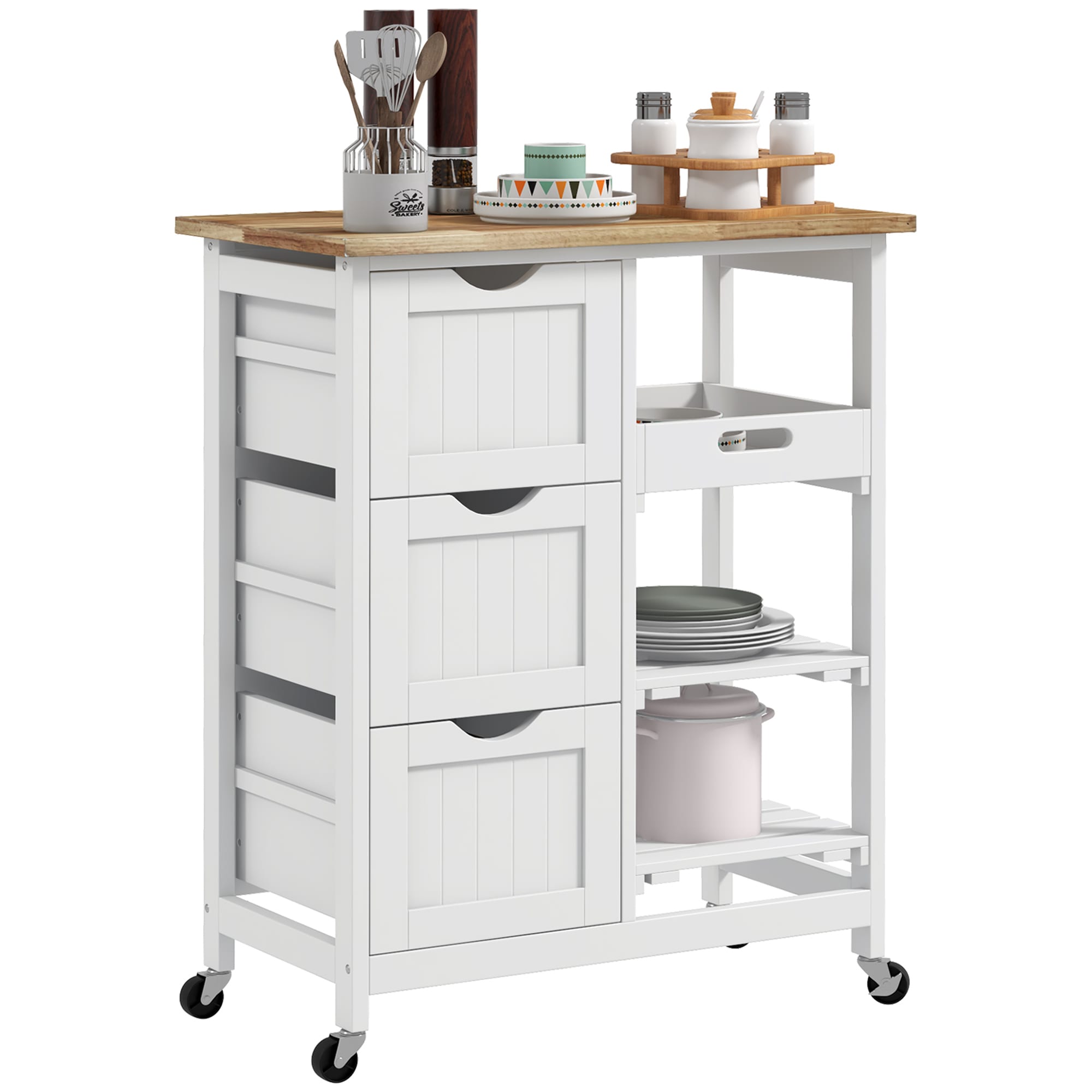 HomCom 801-213V81WT Rolling Kitchen Island Cart  Bar Serving Cart  Compact Trolley on Wheels with Wood Top  Shelves and Drawers for Home Dining Area  White