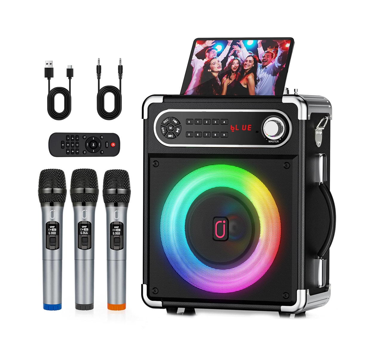 Misopily Portable Bluetooth 5.3 Karaoke Speaker with 3 Wireless Microphones 5.25 in Woofer 2 in Tweeter LED Lights TWS PA System 1 Piece #LMS0305K23