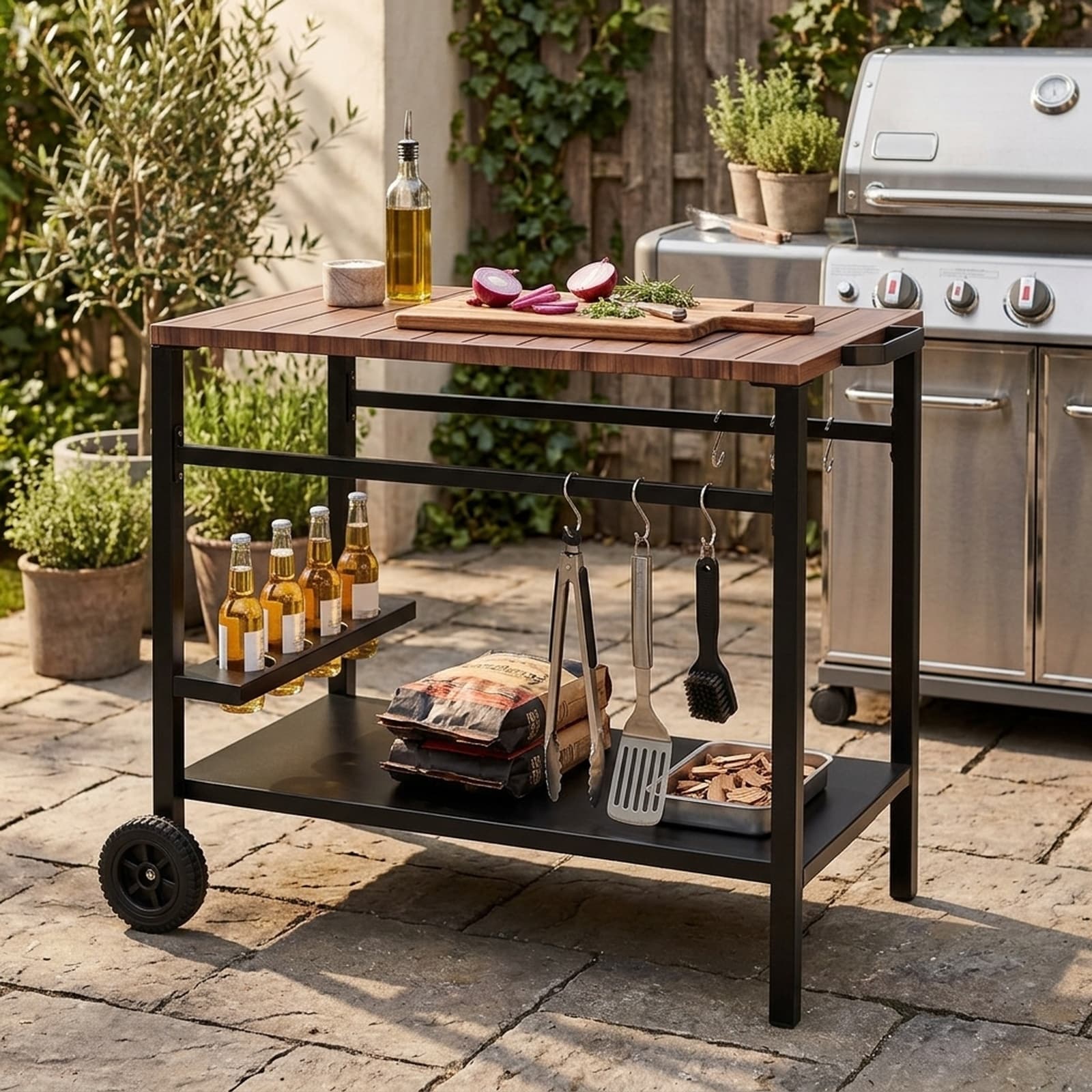 SUGIFT Outdoor Grill Cart with Spice Rack Hooks and Storage Cabinet 165-lb Metal Top Rolling Prep Table for Patio BBQ and Outdoor Kitchen Island