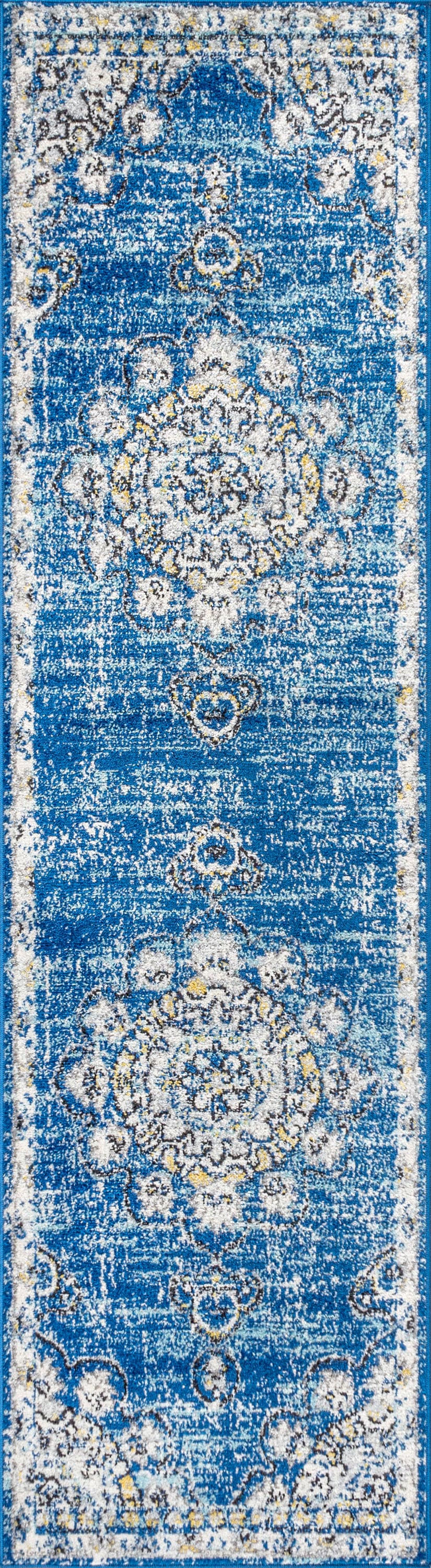 Blue and Cream Synthetic Medallion Runner Rug, 2'-3" x 8'