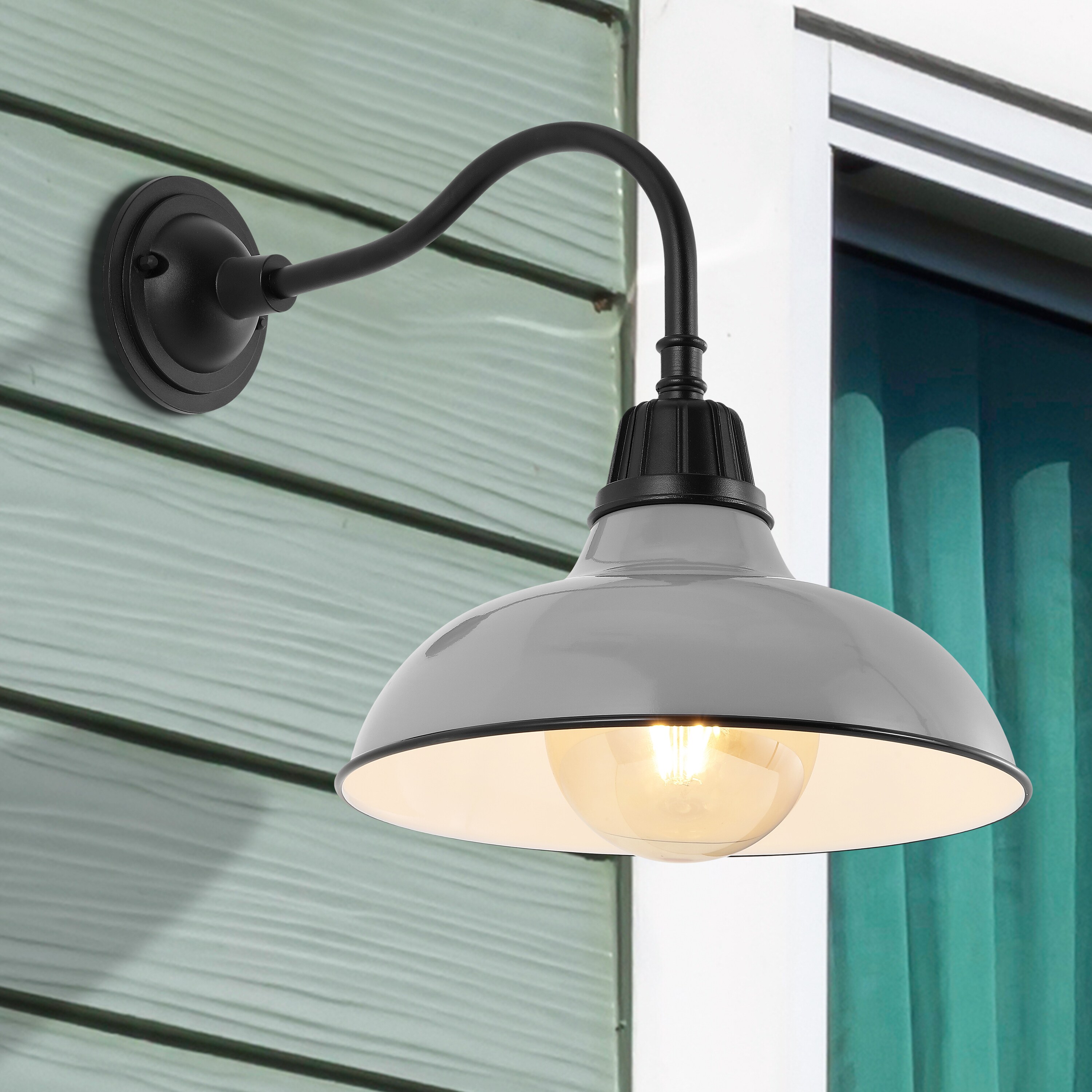 JONATHAN  Y JYL7613D Aurora Farmhouse Industrial Iron Gooseneck Arm 1 -Light 16.5-in H Polished Gray Hardwired Outdoor Wall Light
