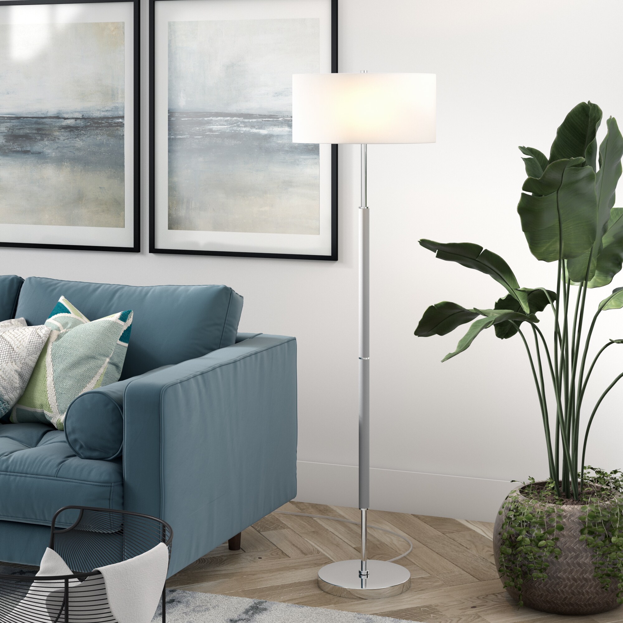 Simone Cool Gray & Black Dual-Tone Metal Floor Lamp with Linen Shade