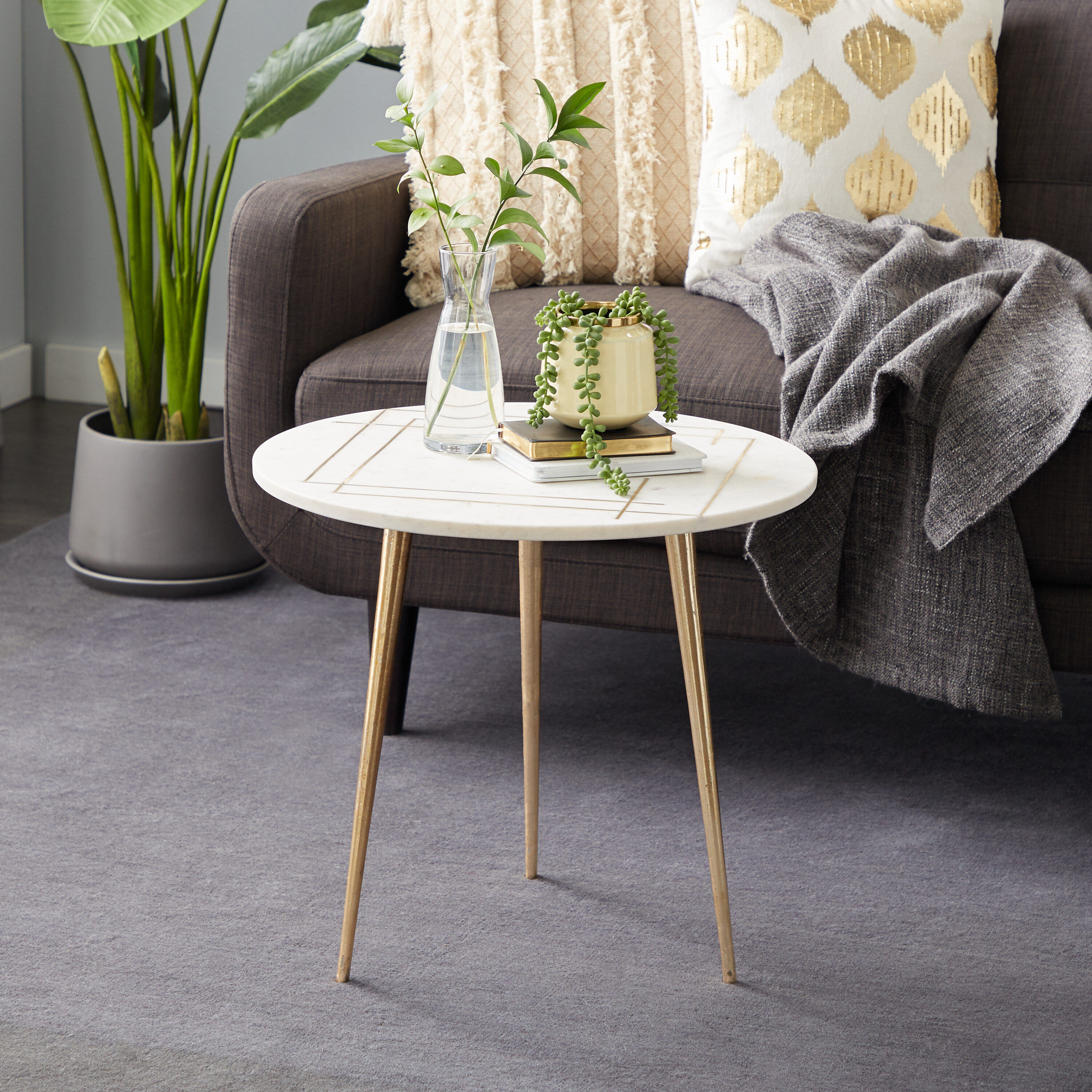 Grayson Lane 67412 22-in W x 20-in H White with Marble Top Stone Round Modern End Table Fully Assembled
