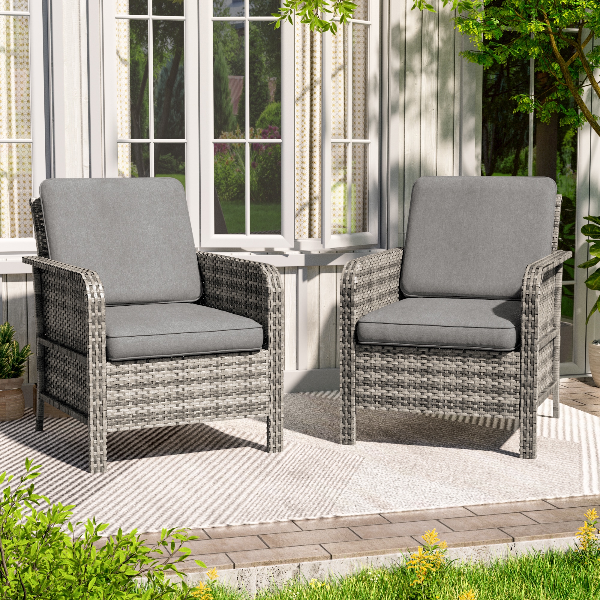 ACEGOSES LW-S2BGY Arboreal Set of 2 Wicker Gray Wicker Frame Stationary Conversation Chair with Gray Cushioned Seat