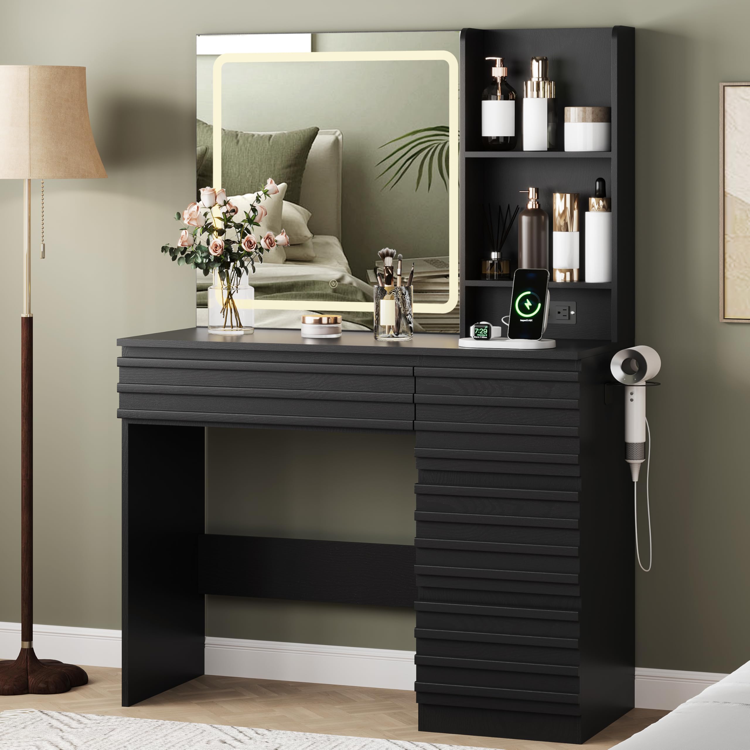 OMOMMD Fluted Vanity Desk with LED Mirror 4 Drawers Open Shelves Power Outlet 3 Lighting Modes