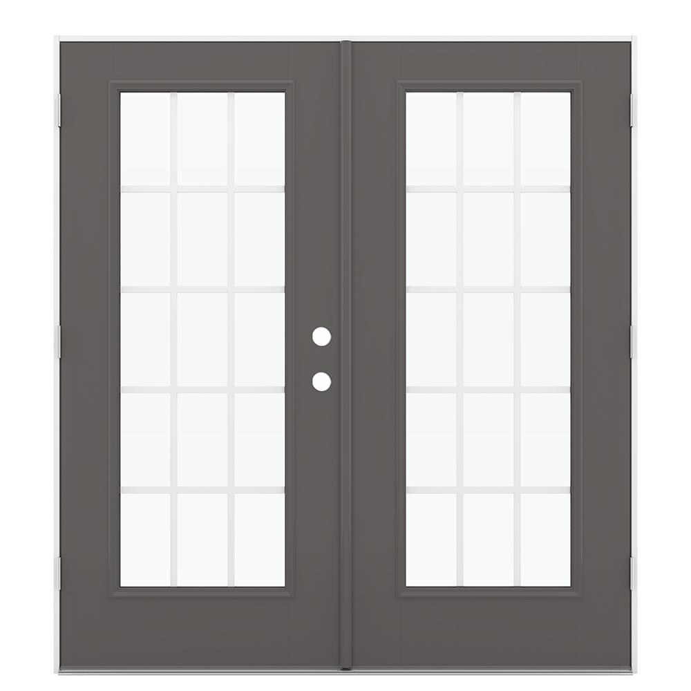 JELD-WEN LOWOLJW184100209 72-in x 80-in x 4-9/16-in Jamb Low-e Grilles Between The Glass Timber Gray Fiberglass French Right-Hand Outswing Double Patio Door