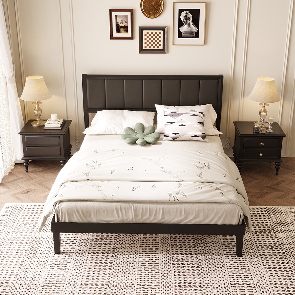 FUFU&GAGA - Queen Black Wood Bed Frame with Headboard