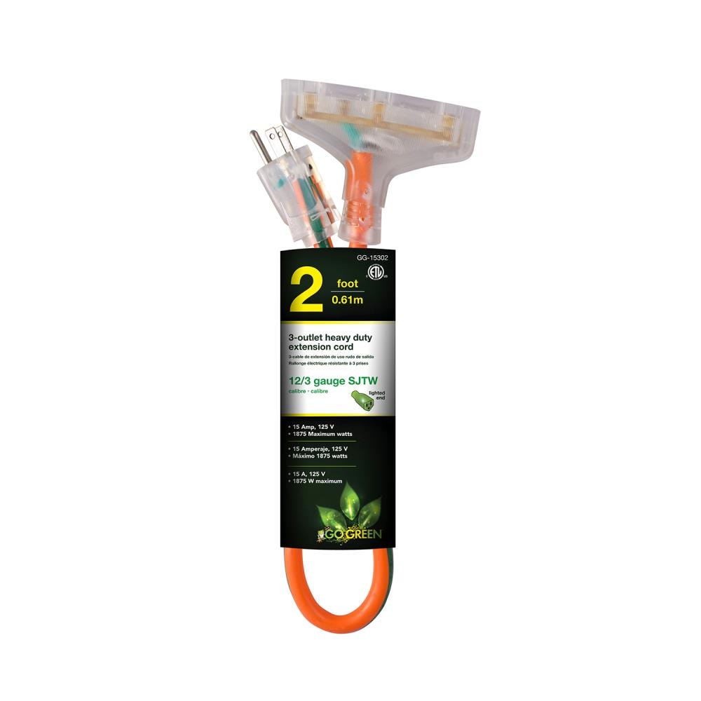 Power By GoGreen GG-15302 2-ft 12 / 3 3 Prong Orange Outdoor S Heavy Duty Lighted Extension Cord
