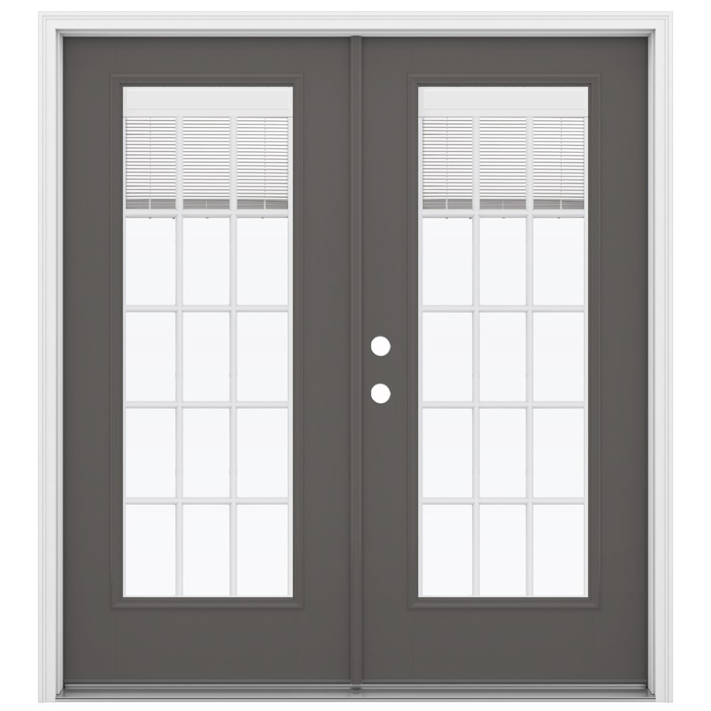 JELD-WEN LOWOLJW182200374 72-in x 80-in x 4-9/16-in Jamb Low-e Blinds and Grilles Between The Glass Timber Gray Fiberglass French Right-Hand Inswing Double Patio Door Brickmould Included