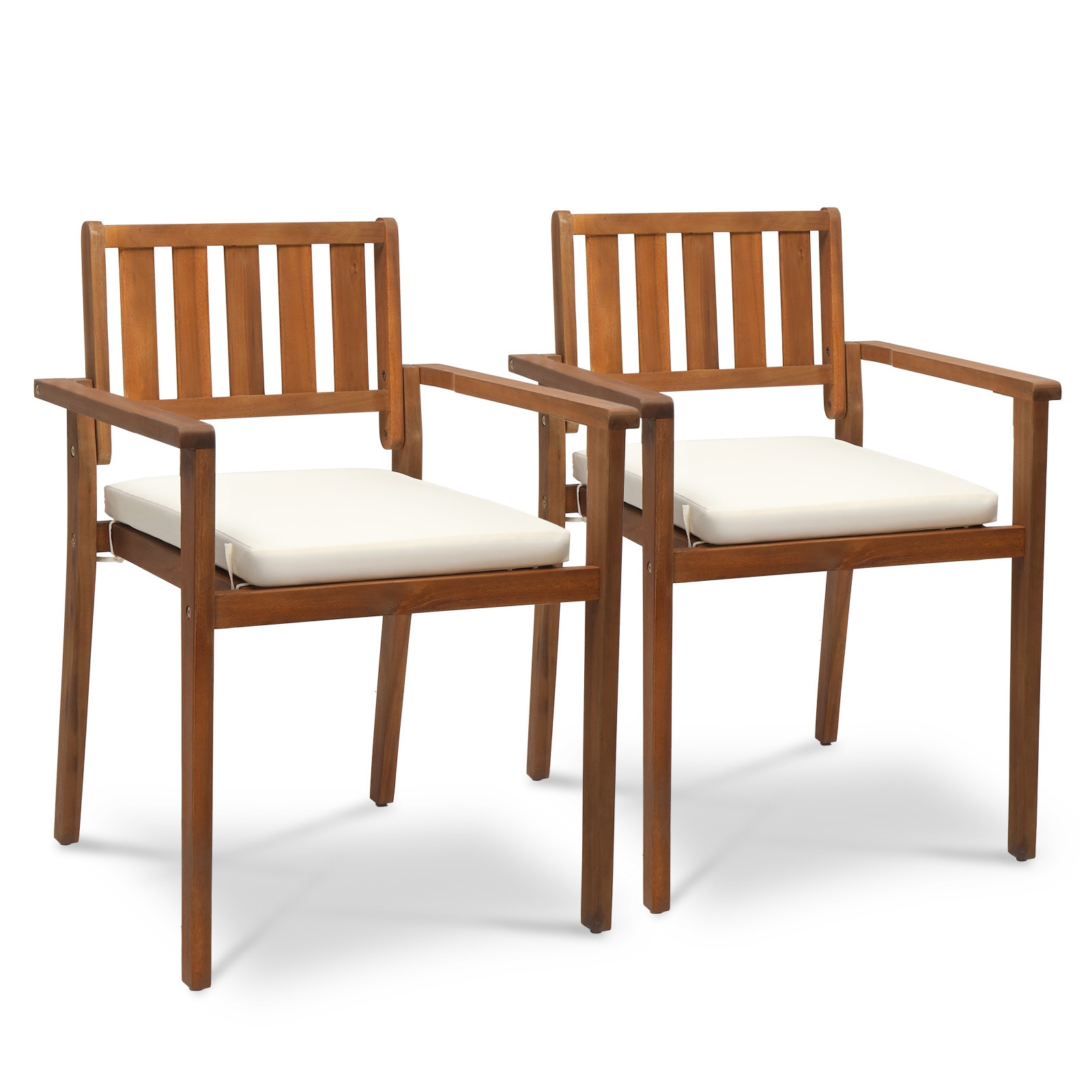 Winado LO1G56001209 Patio Stackable Chairs Set of 2 Stackable Brown Wood Frame Stationary Conversation Chair with White Cushioned Seat