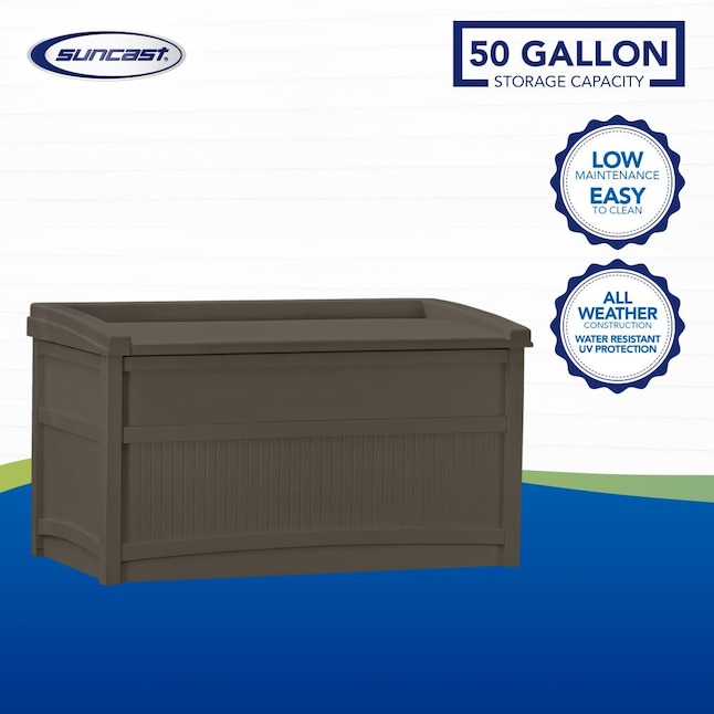 50 Gallon Taupe Plastic Deck Box, Suncast 50 Gallon Patio Bench With Storage Decorative Resin Outdoor