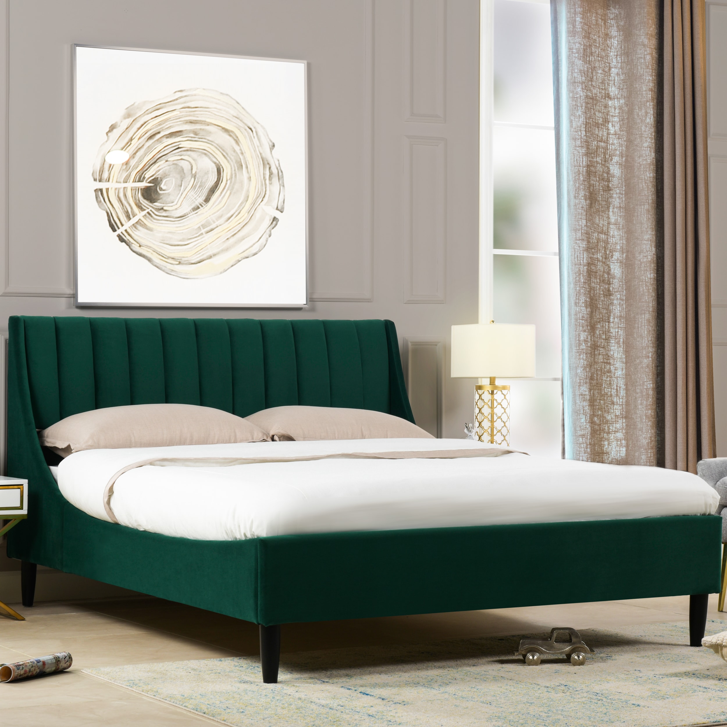 Aspen Medium Evergreen Velvet Tufted Queen Platform Bed with Pine Frame