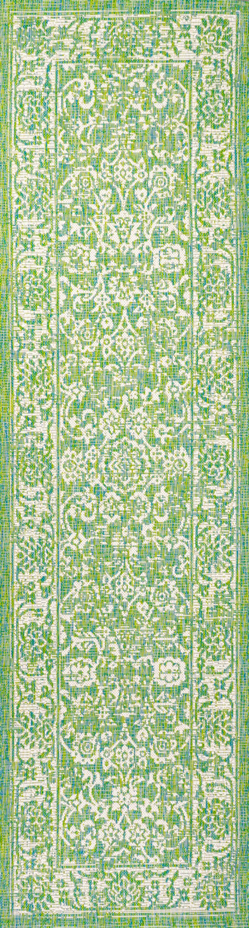 Tela Green and Cream Floral Flat Woven Runner Rug