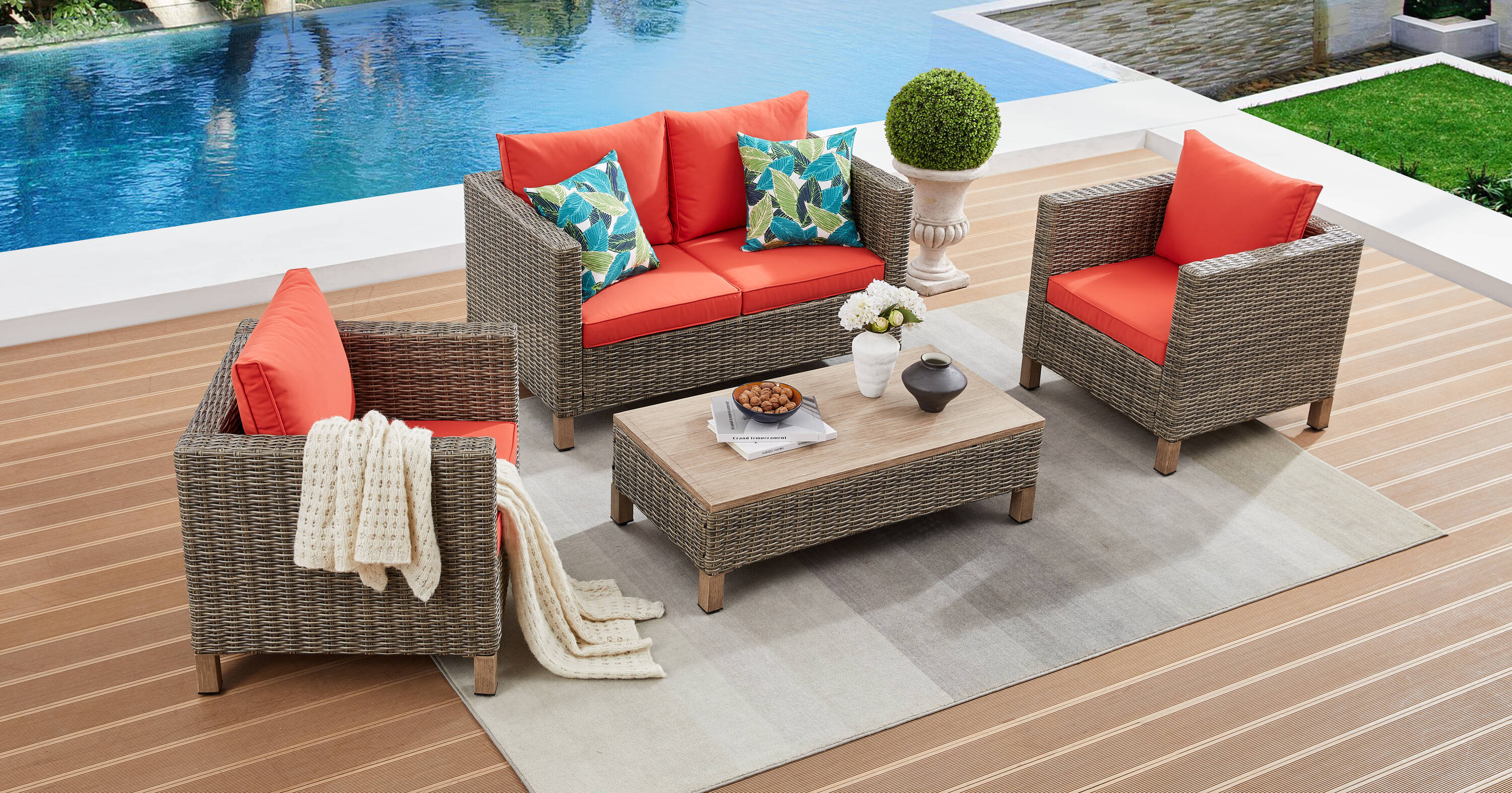 EDYO LIVING SMX08-OR 4 -Piece Wicker Patio Conversation Set with Blue Cushions