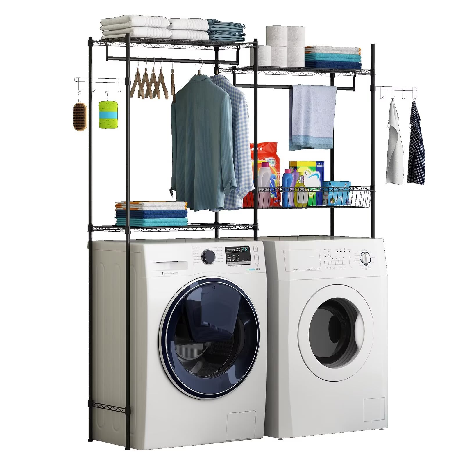 Qeetex JXNAG-PHO-34HRSFS4 Over Washer and Dryer Storage Shelves Clothes Drying Rack with Adjustable Shelf Space Saving Shelving Units with Laundry Hamper and Hooks Laundry Room Organization and Storage