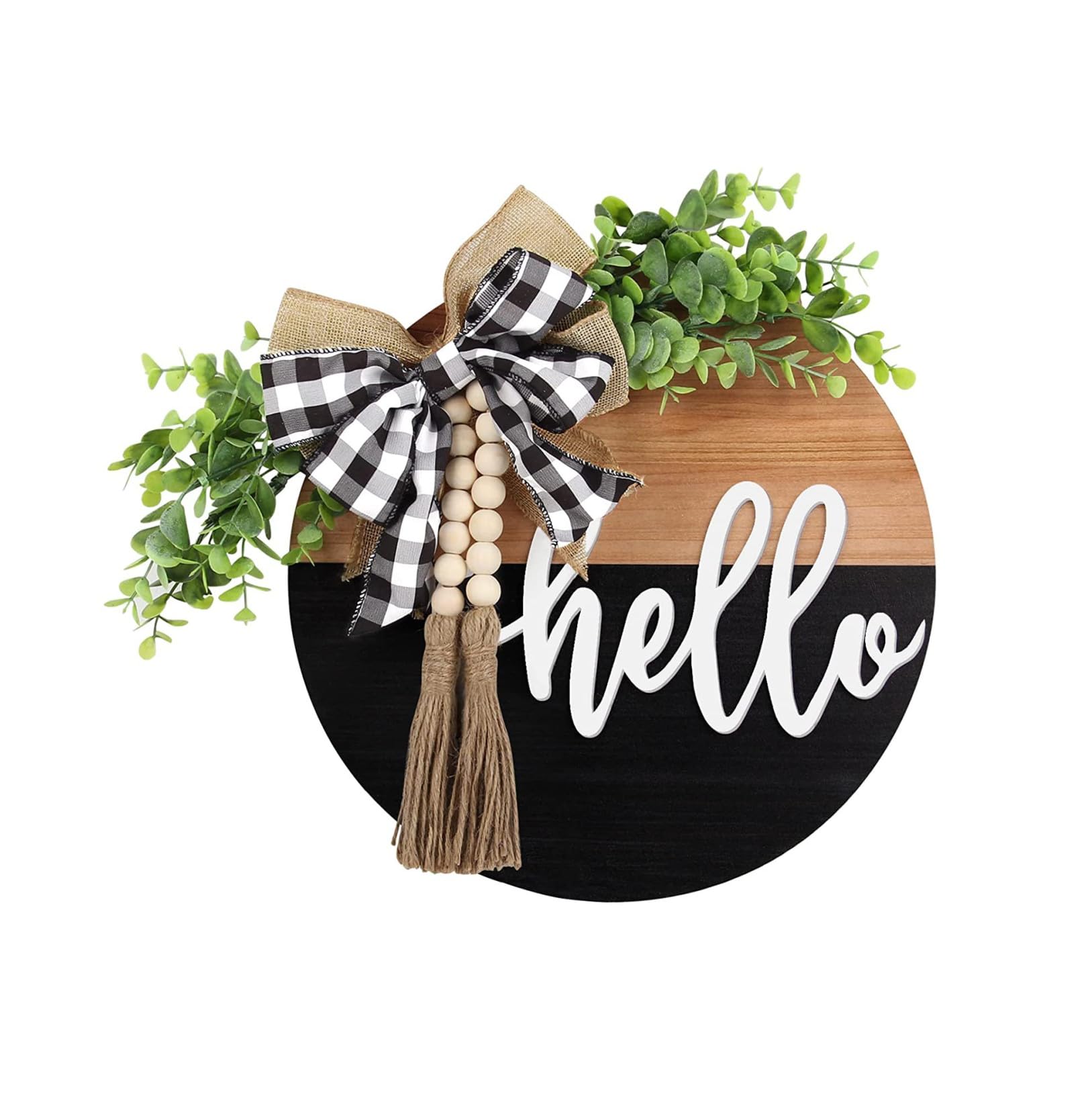 Phyfalip  Hello Home Sign for Front Door Farmhouse Porch Decor with Wooden Wreath and Artificial Greenery for Holiday Halloween Christmas Indoor