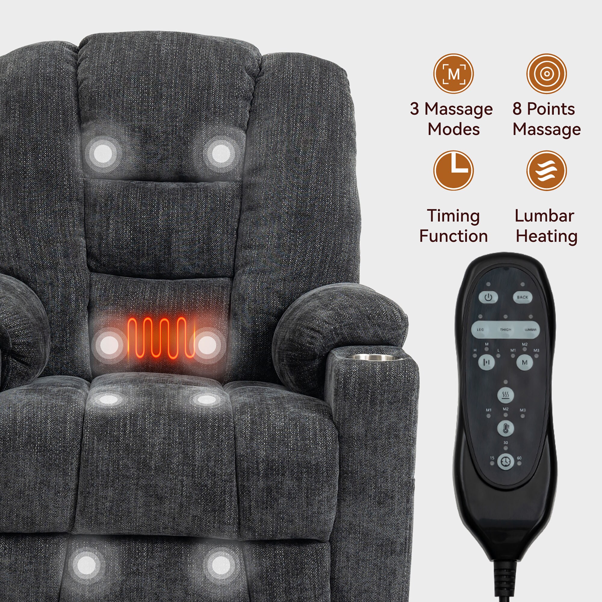 GZMR Gray Polyester Upholstered Powered Reclining Recliner with Lift ...