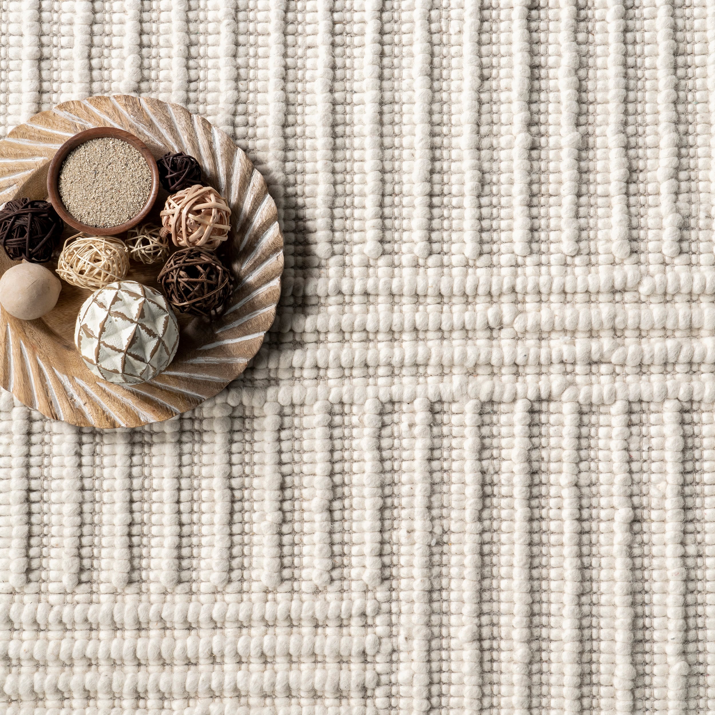 Ivory High-Low Striped Wool and Cotton Area Rug, 5' x 8'