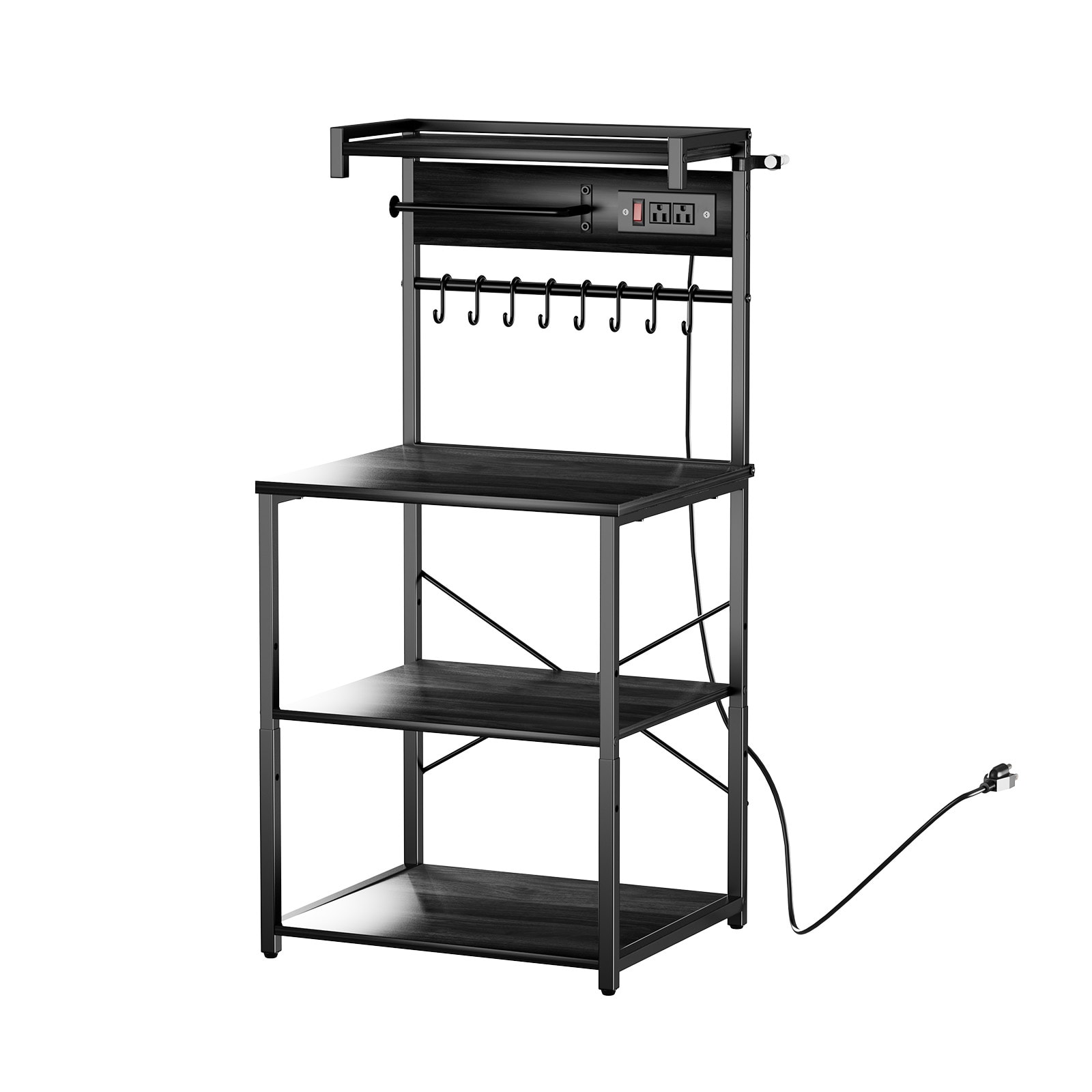 VEVOR Kitchen Bakers Rack 4.6ft Power Cable Bakers Rack with Power Outlet Kitchen Stand with X-Shaped Support Bar 8 S-Shaped Hooks Coffee Bar Stand for Dishes Spice Bottles Built-In Power Strip