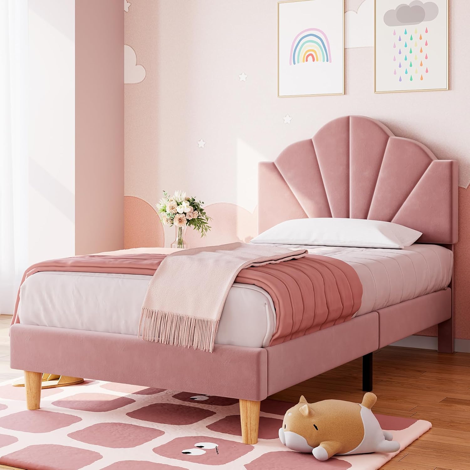 Qeetex LHF-BED-PHO-13R7OFQ4 Twin Blue Bed Frame Velvet Upholstered Platform Bed Frame with Height Adjustable Headboard for Boys and Girls Wood Slat Support Stable Metal Frame Easy to Assemble