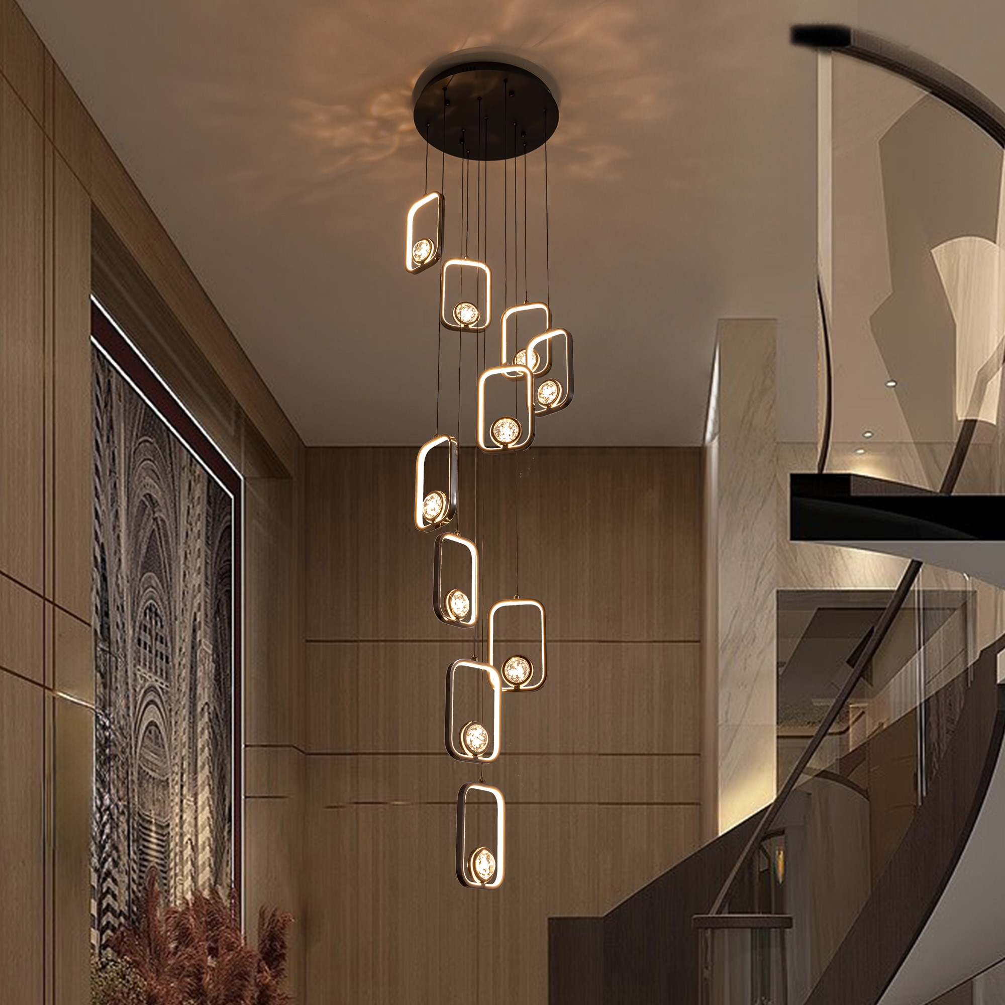 FANNEHONNE 16-Inch Matte Black Modern Multi-Tier Rectangular Frame Chandelier with 10 LED Lights for Living Room Bedroom Kitchen and Entryway