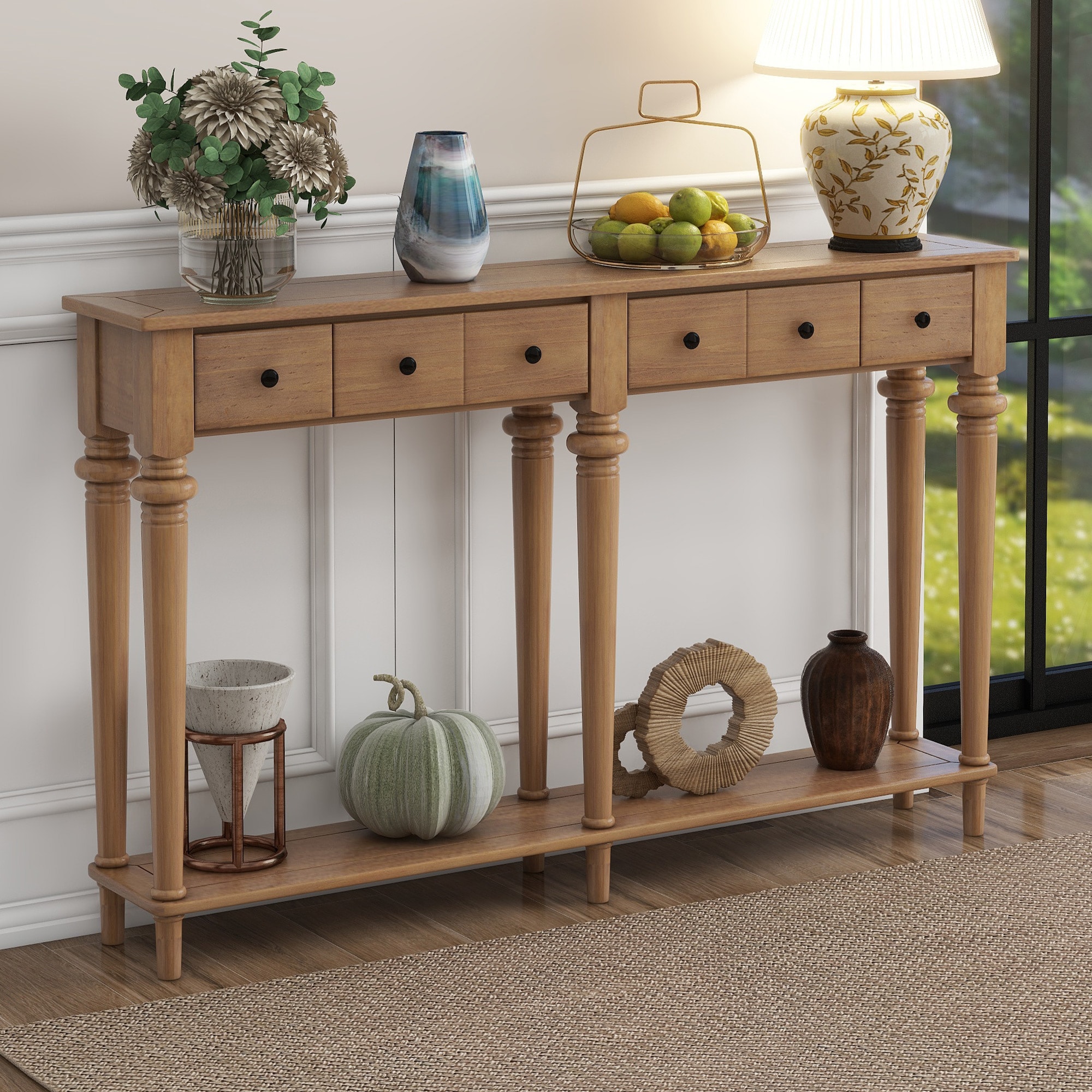 ModernLuxe N715P202860D Entryway Table with 4 Drawers Retro Console Table with Open Shelf for Entryways Living Rooms and Hallways Old Pine