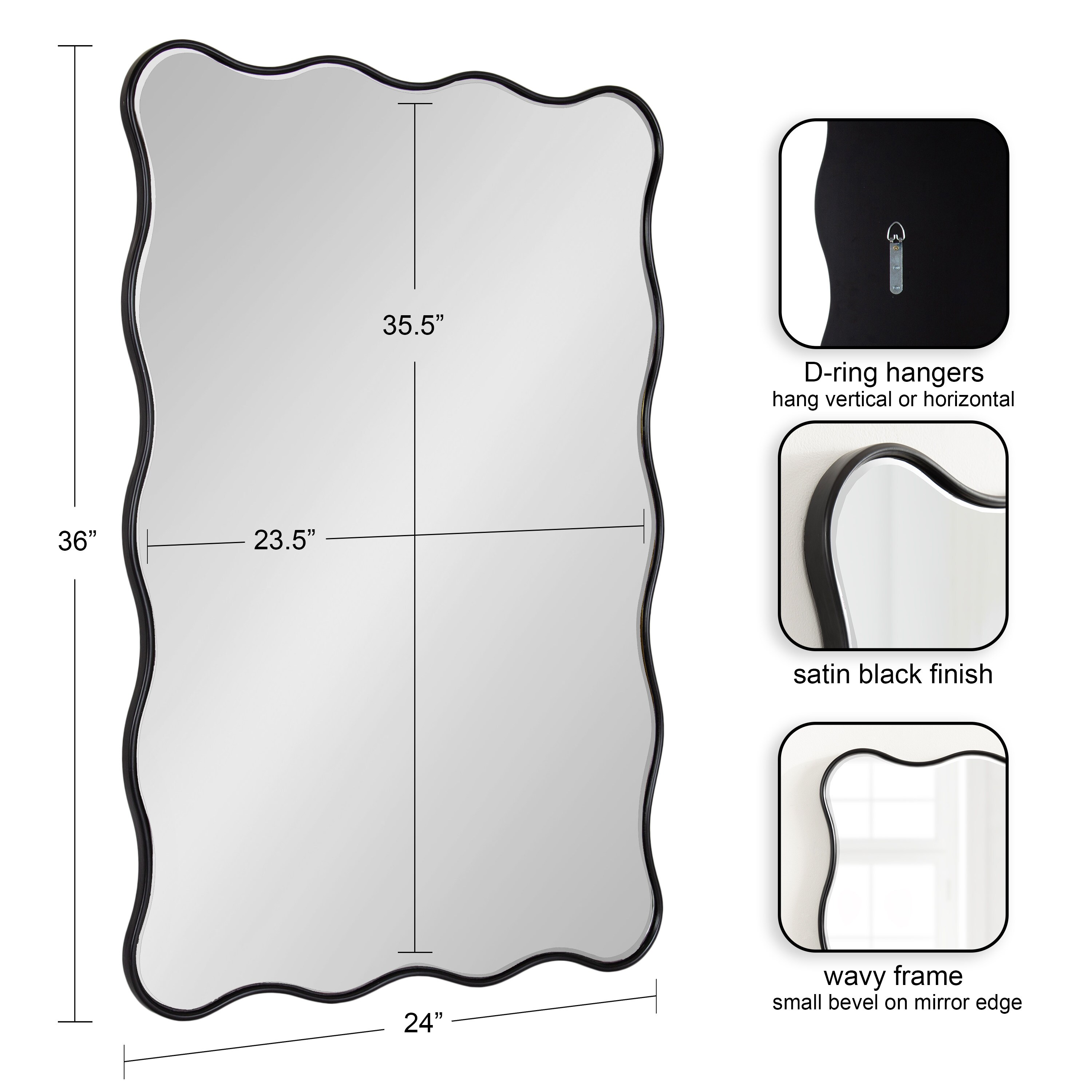 Viona 24"x36" Black Rippled Edge Rectangular Vanity Mirror