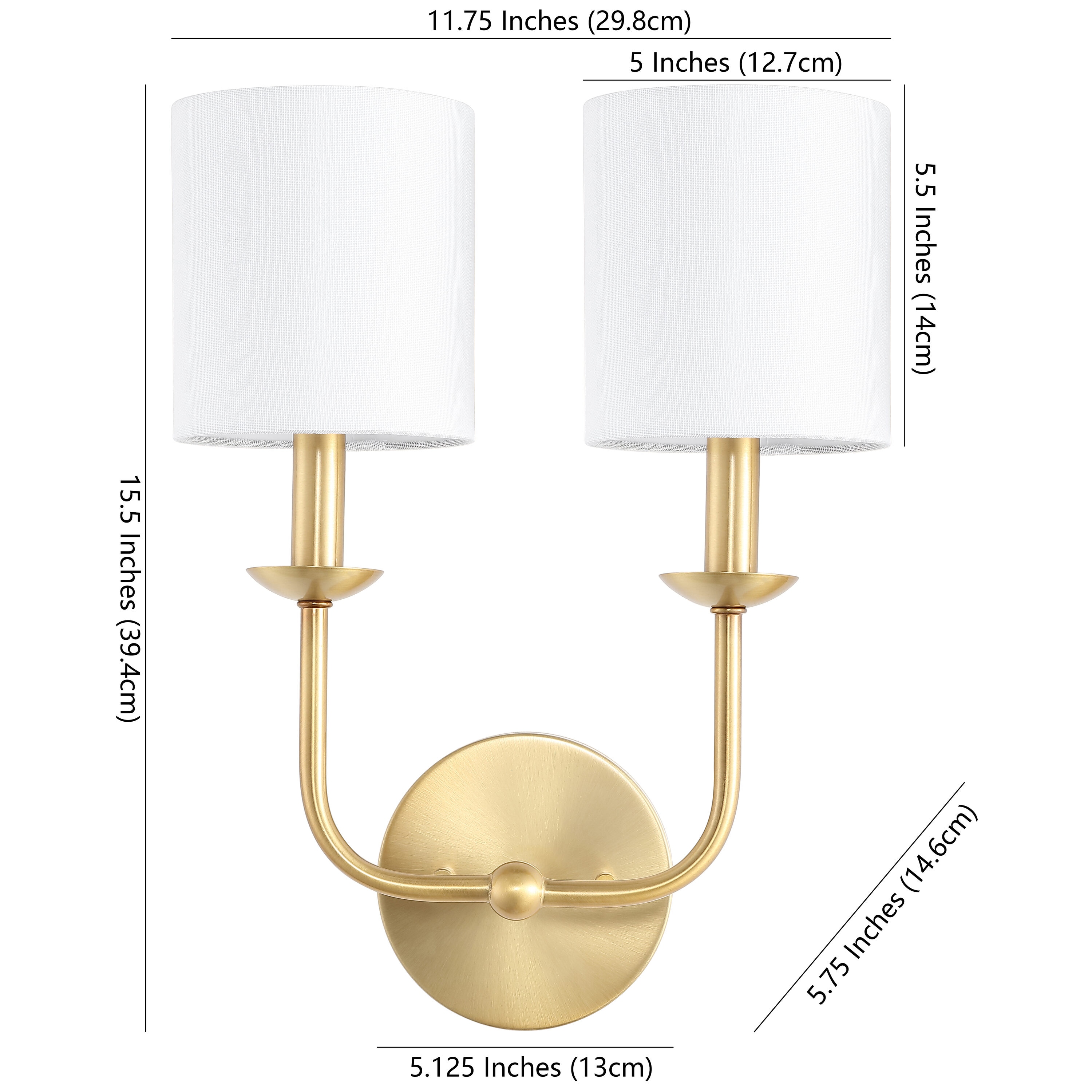 Ferrara Gold Twin Lamp Wall Sconce with White Shades