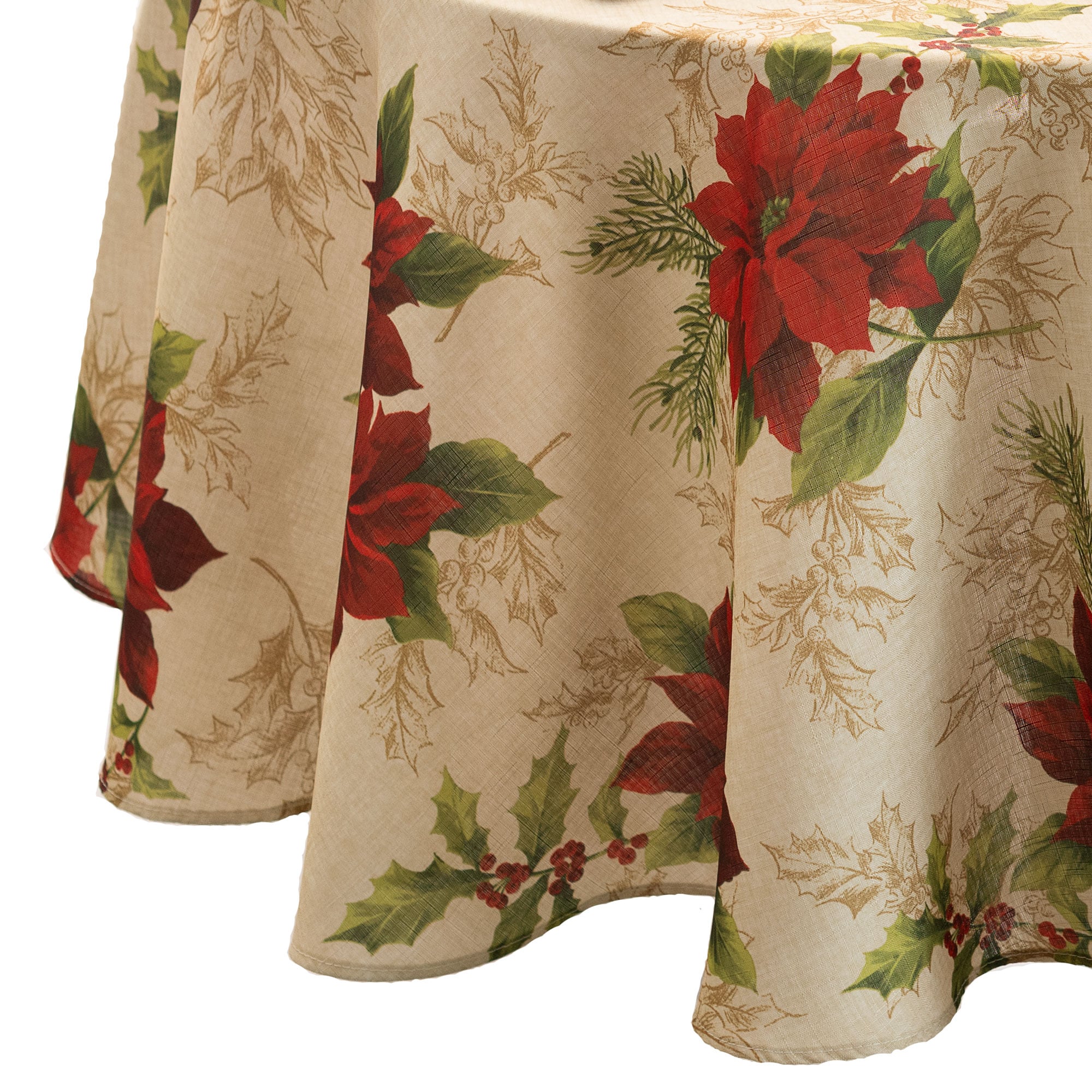 Elrene Home Fashions 194590031527 Festive Poinsettia Holiday 70" Round Indoor Mulitcolor Table Cover for 60-in round