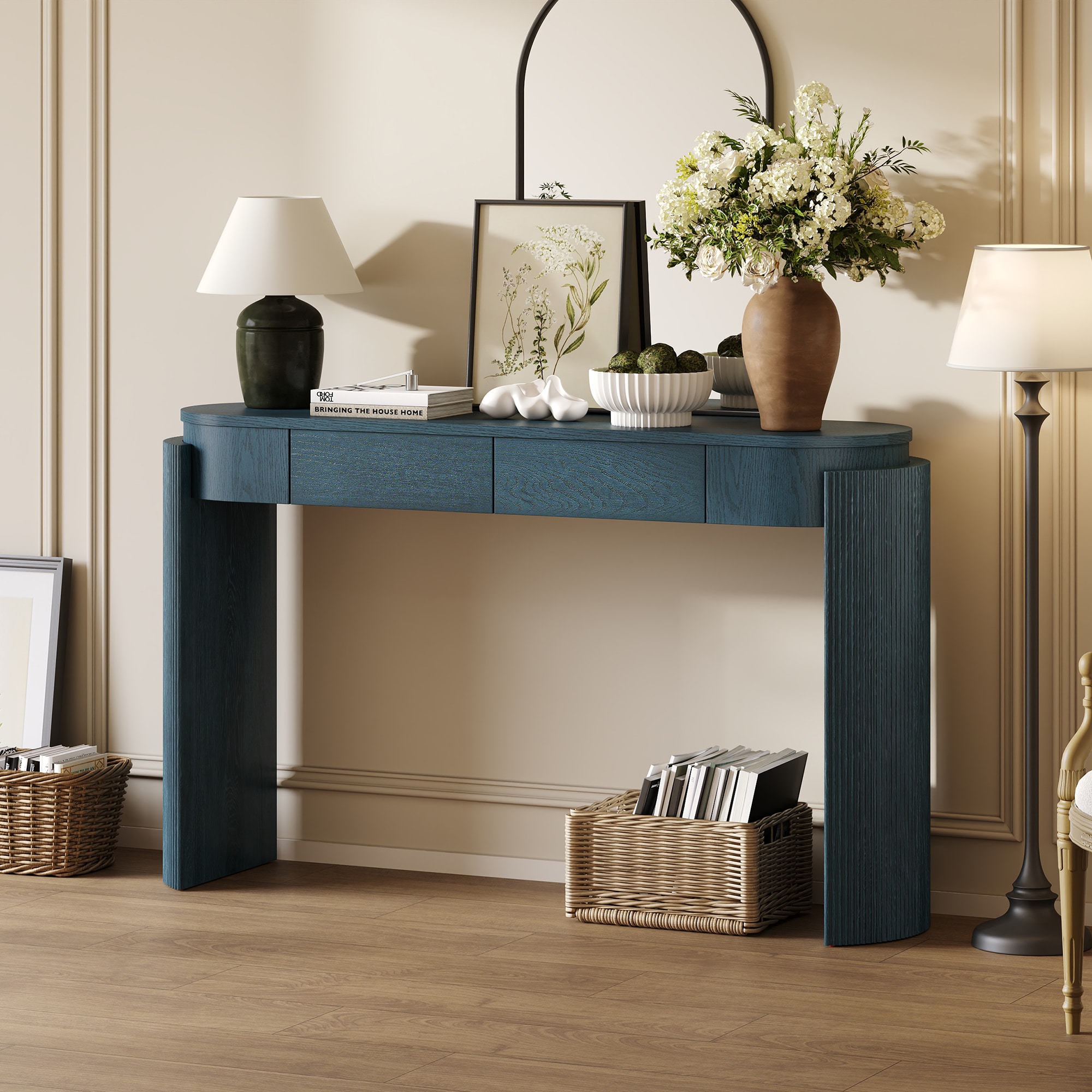 Qualler  Fluted Oval Console Table with 2 Drawers and Natural Wood Grain Finish - Navy