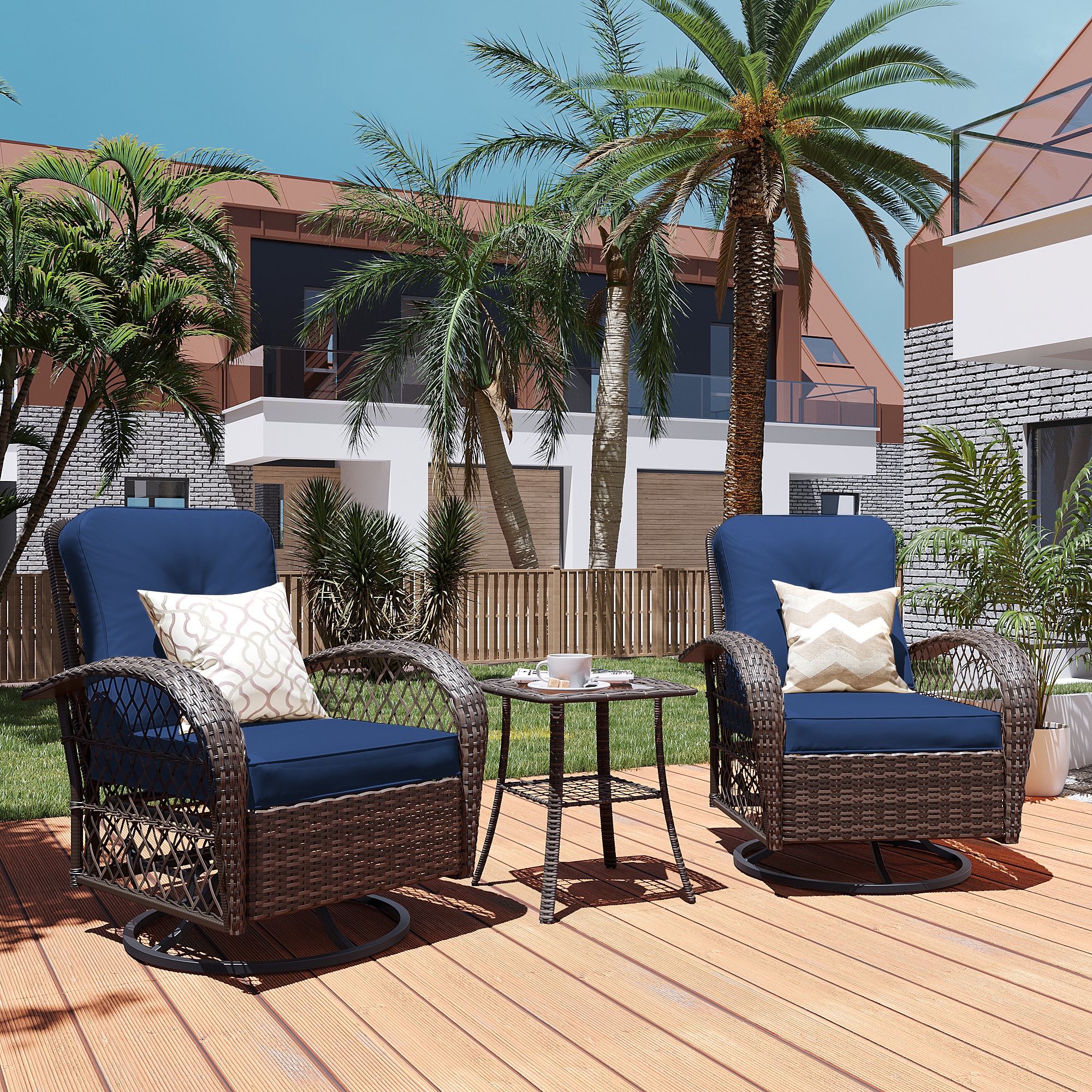 Patio Watcher LHY-B-NABLUE-CJ Rocking Chair 3 -Piece Rattan Patio Conversation Set with Blue Cushions