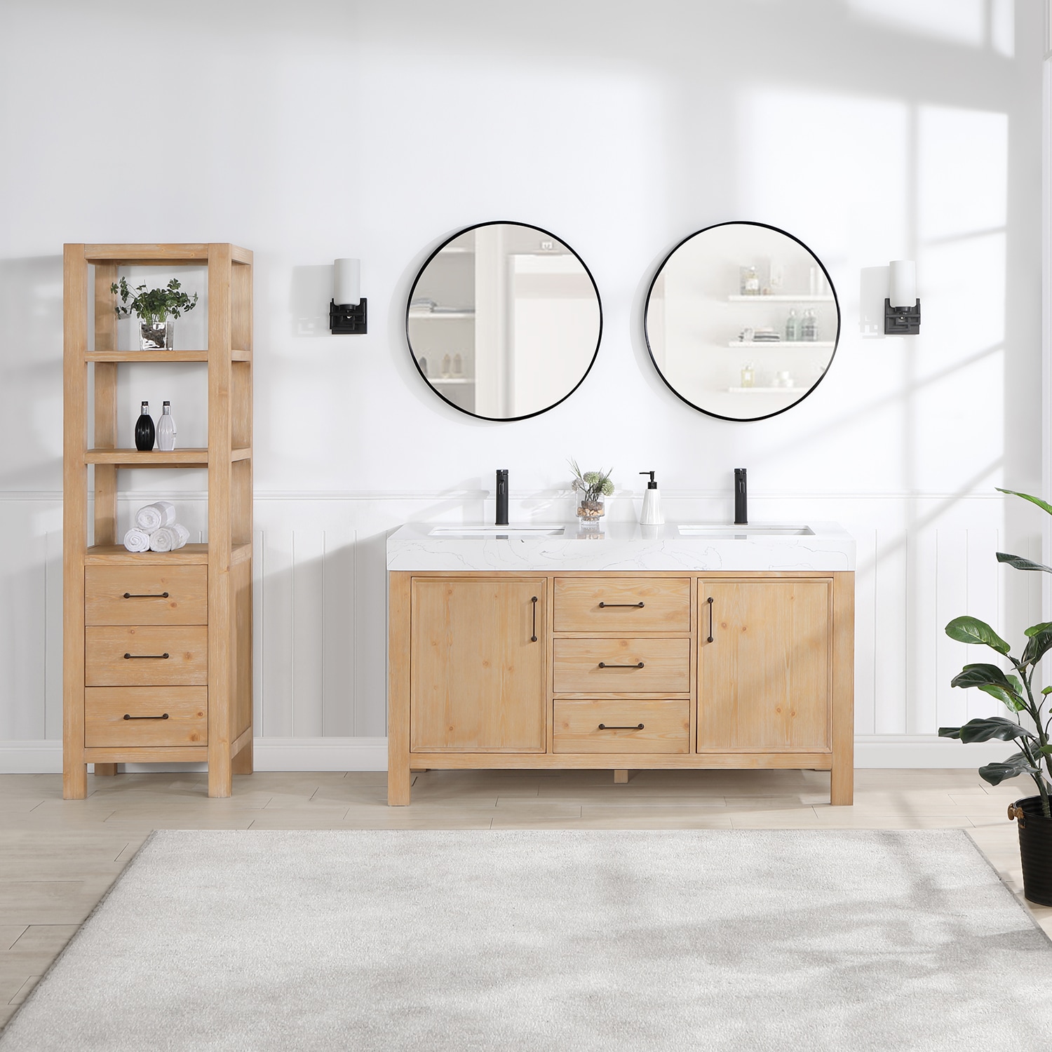 Vinnova León 60-in Fir Wood Brown Finish Undermount Double Sink Bathroom Vanity with Lightning White Engineered Stone Top (Mirror Included) -  703860M-FN-LW