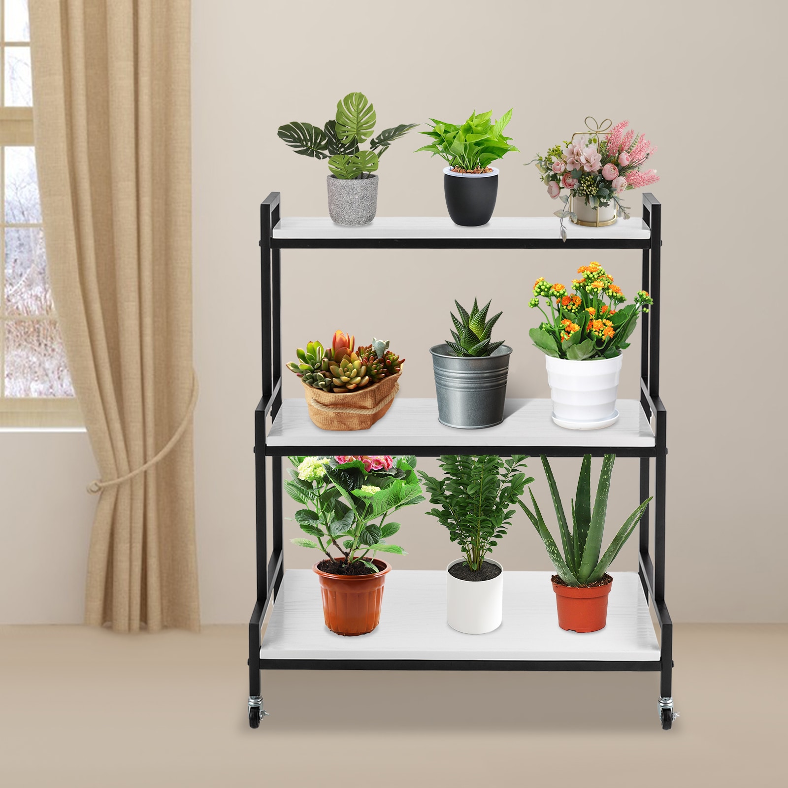 CNCEST YLYODRT2WDZJ8 37-in H x 13.78-in W 3-tier White with Wheels Indoor/Outdoor Rectangular Steel Plant Stand