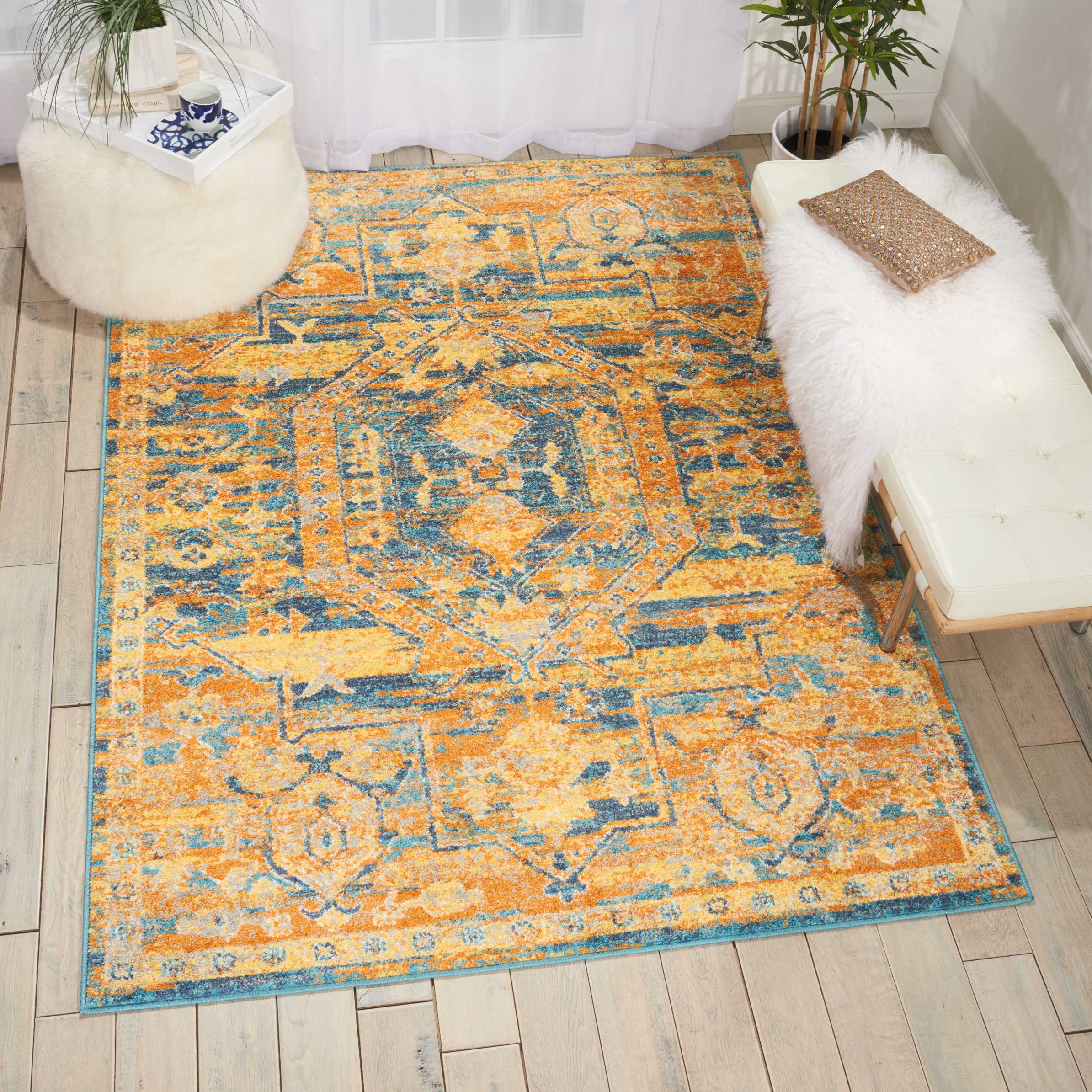 Teal Blue Geometric Rectangular Reversible Synthetic Rug