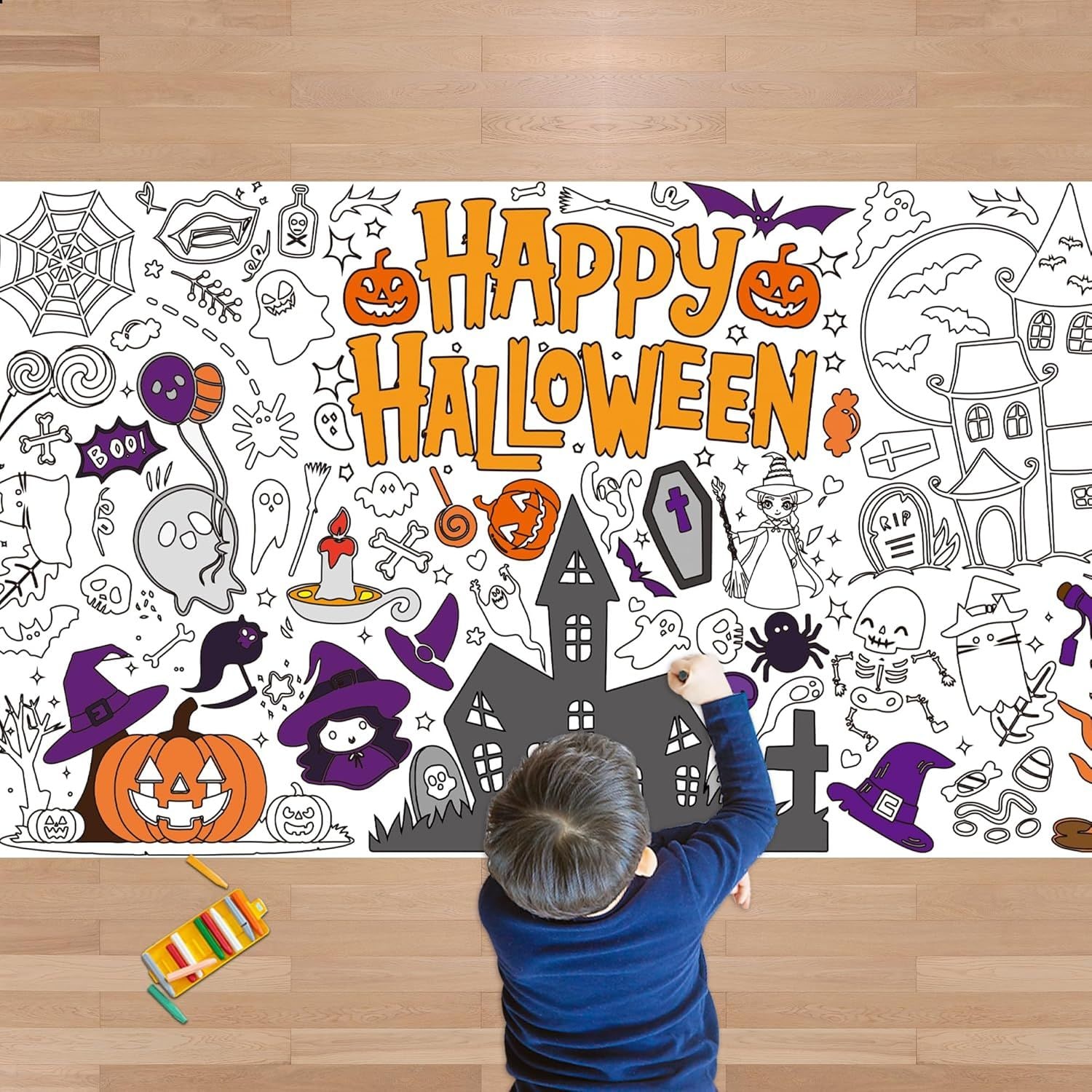 OBERSTER Halloween Crafts for Kids Giant Coloring Tablecloth Poster Halloween Party Decorations Favors Supplies for Kids Gifts Activities Games Toys Banner