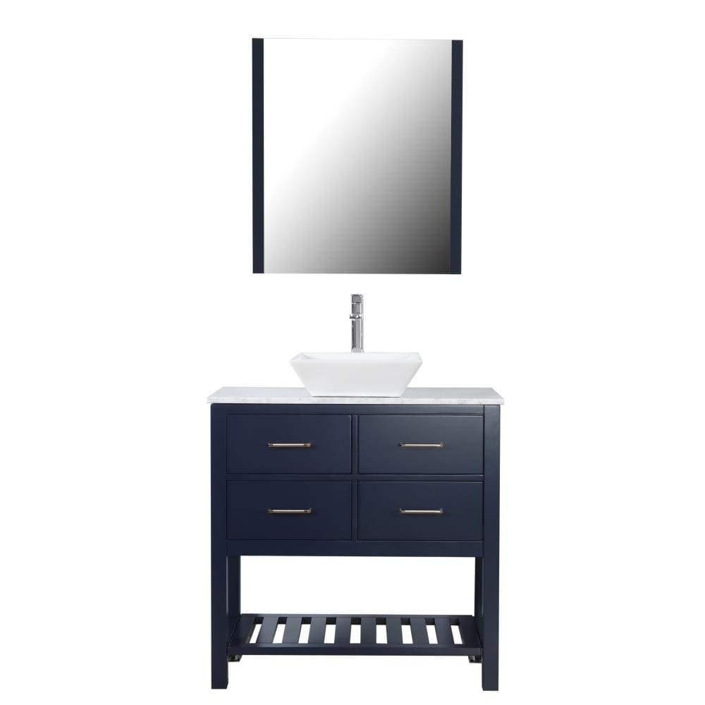 C.L.L Collections SM-36-I-DB Santa Monica 36-in Navy Single Sink Bathroom Vanity with White with Grey Veins Marble Top (Mirror and Faucet Included)