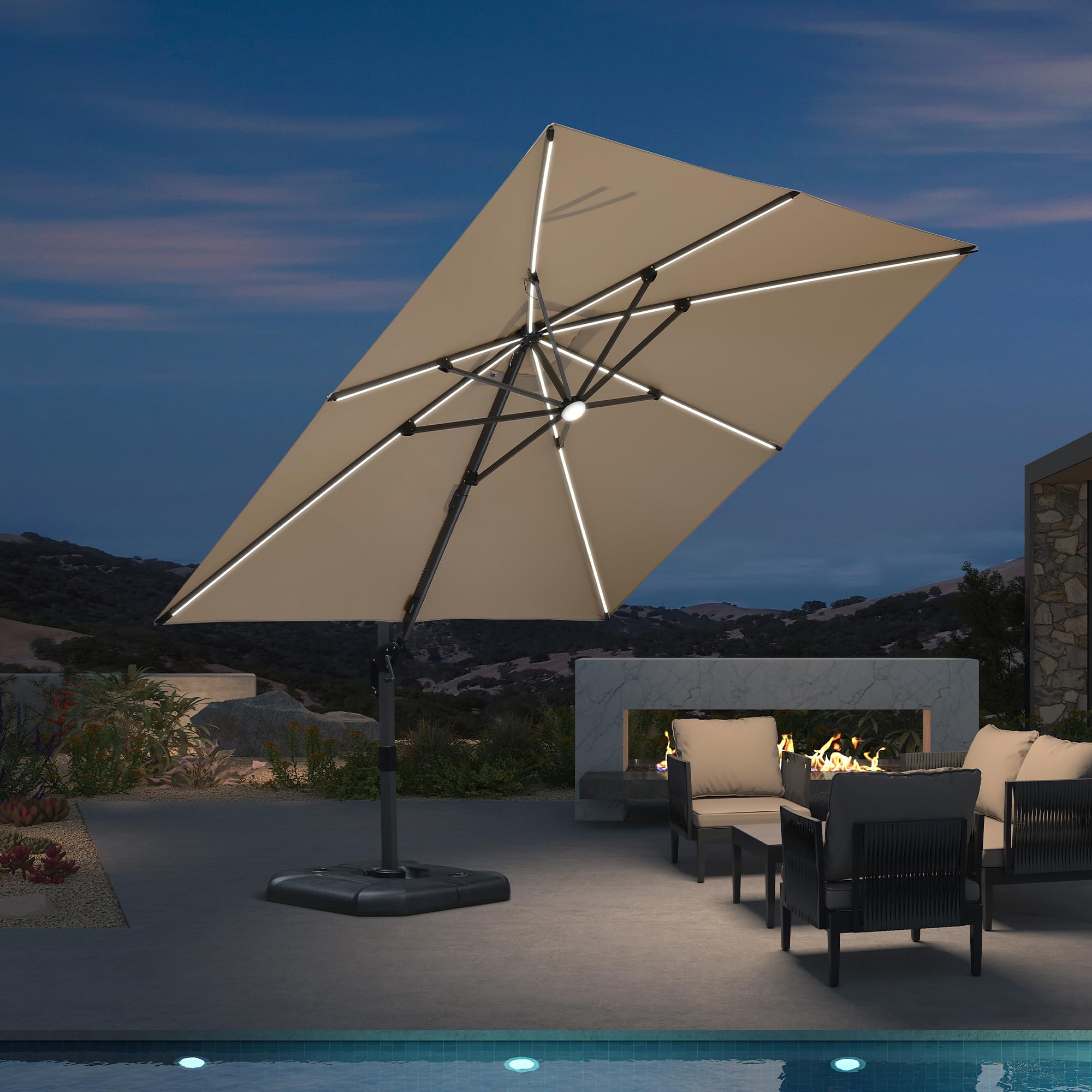 PURPLE LEAF LS04XHSDT10-KK-NEW 10-ft Aluminum Beige Crank Cantilever Patio Umbrella with Lights