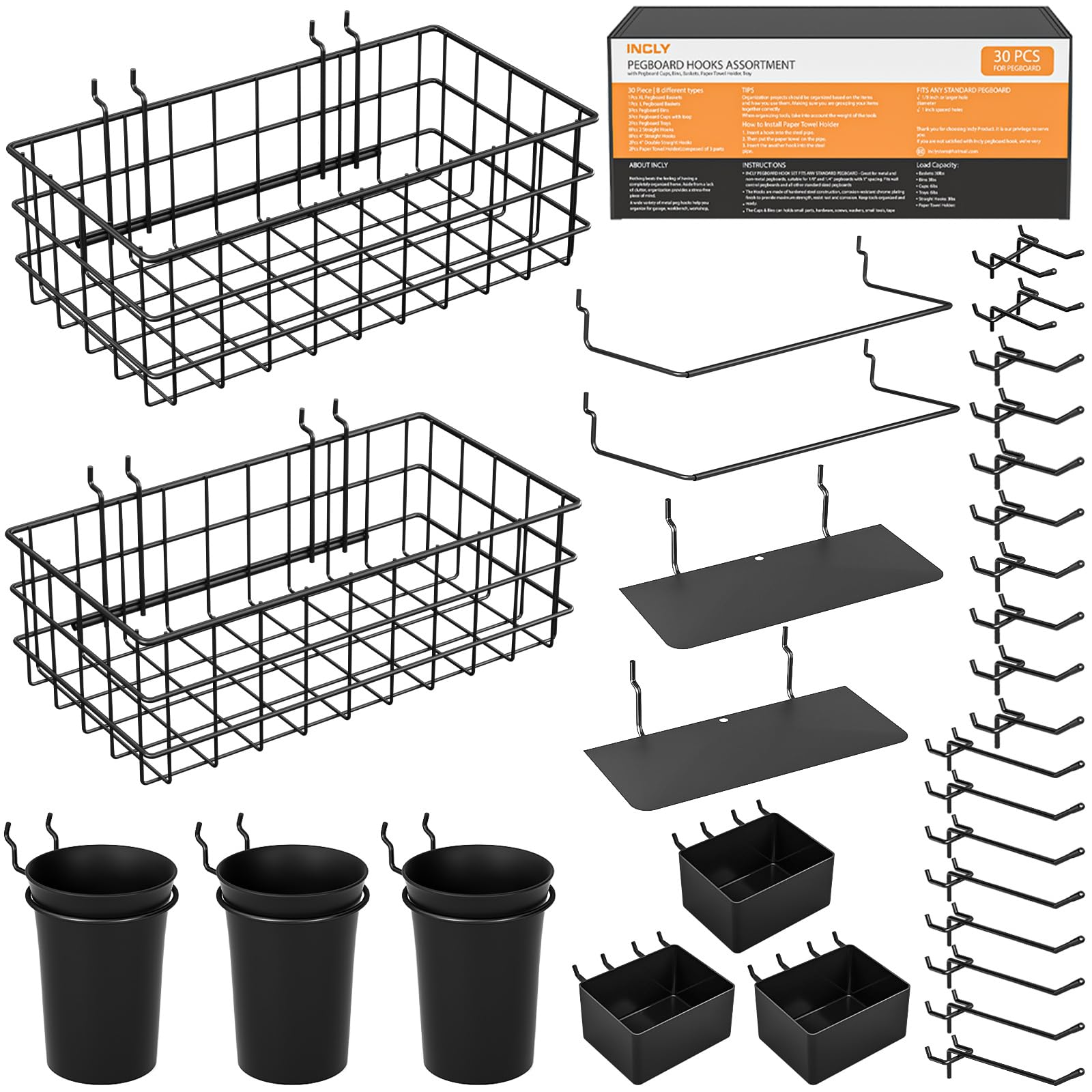 Etokfoks  30 Piece Pegboard Organizer Accessories Kit with Hooks Bins Cups Wire Baskets Paper Towel Holder