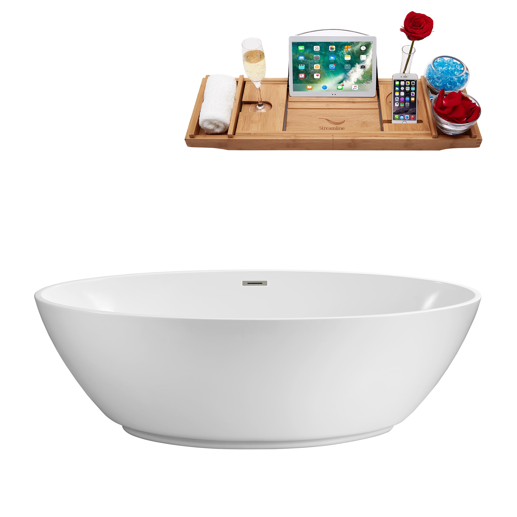 Streamline N420BNK 31.9-in x 62.6-in Glossy White Acrylic Oval Freestanding Soaking bathtub with Drain ( Center Drain )