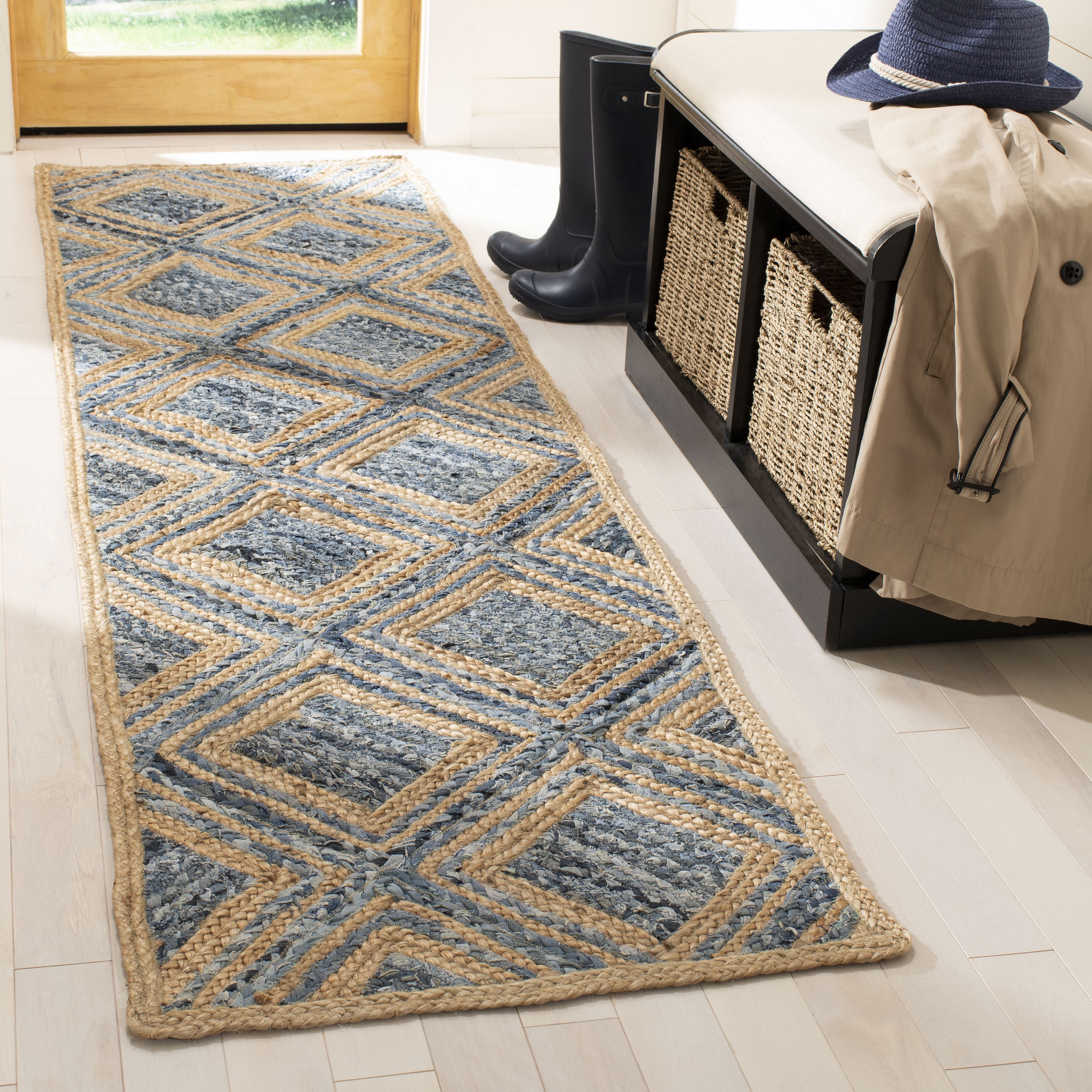 Safavieh CAP354A-212 Cape Cod Lexor 2 x 12 (ft) Jute Natural/Blue Rectangular Indoor Geometric Coastal Runner rug