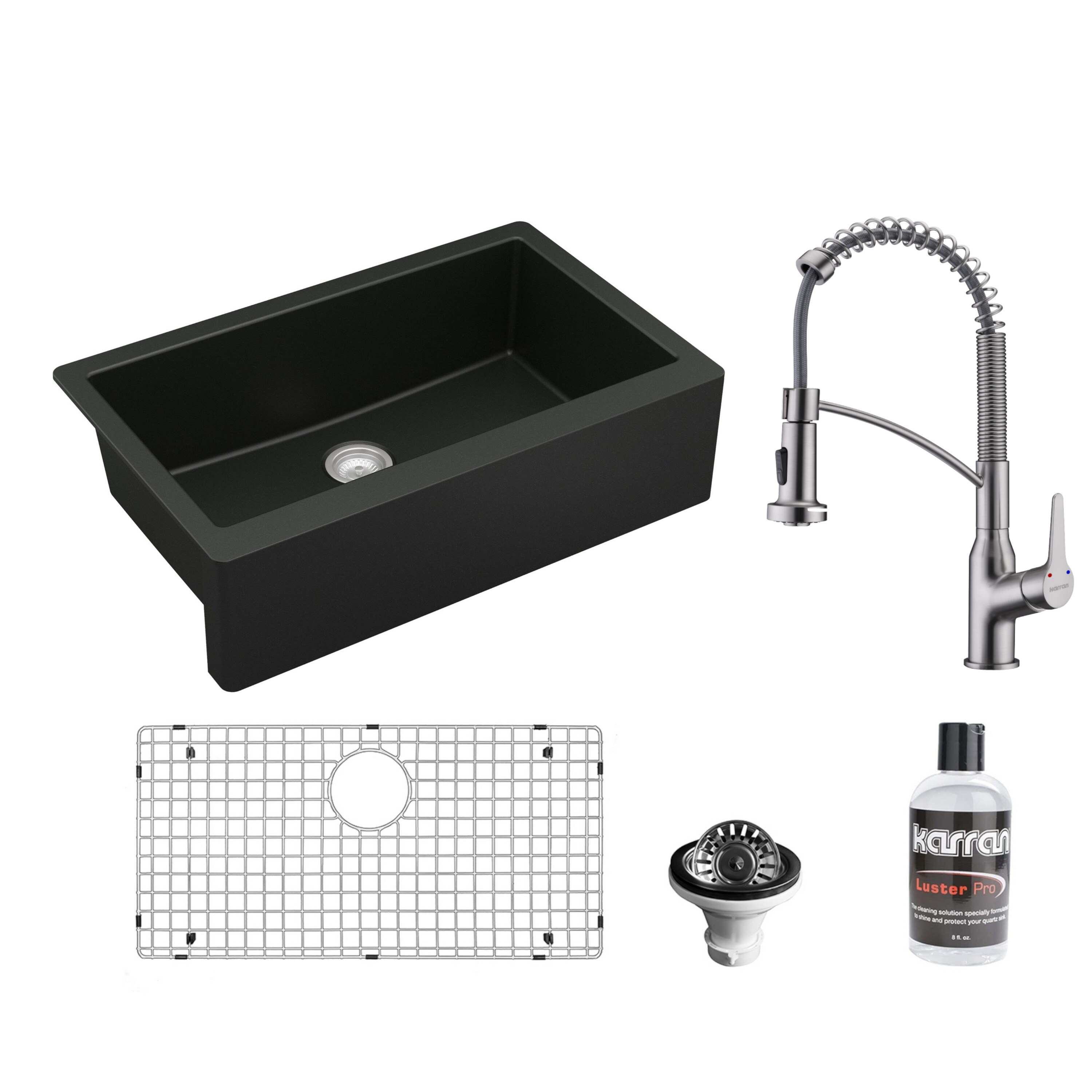 Karran QA740BL210SS Farmhouse apron front 34-in x 21.25-in Quartz Single bowl Kitchen Sink All-in-One Kit